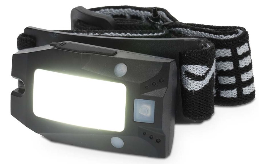 Nedis Genopladelig pandelampe med LED-panel, bevægelsessensor, sort-grå elastikrem og vandtæt design.