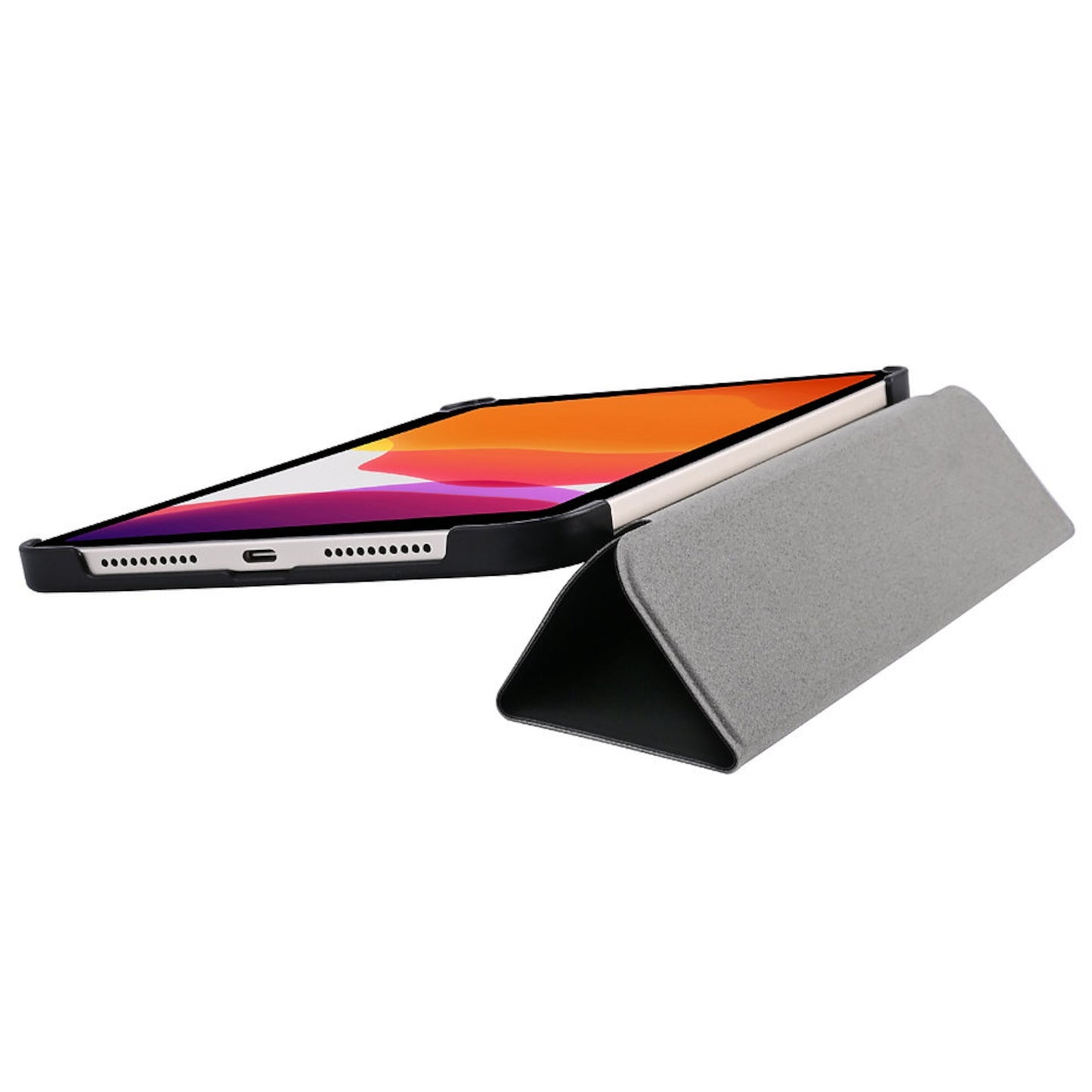 IPad Mini 6 i landscape med synlig skærm og ladeport, i sort Pomologic Book Case cover foldet som trekantet stander.