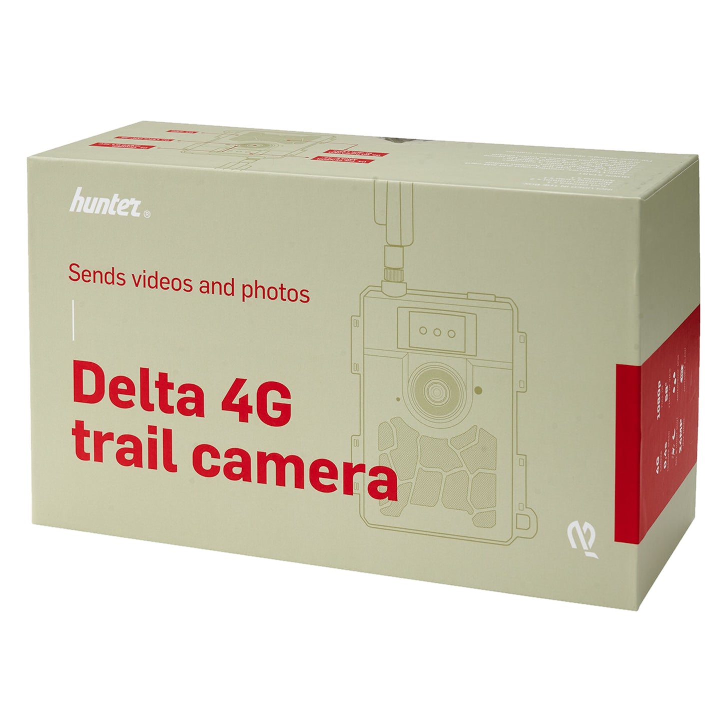 Hunter Delta 4G Fodkamera emballage, viser modelnavn og 4G mærkning, egnet til jagt og overvågningskamera.