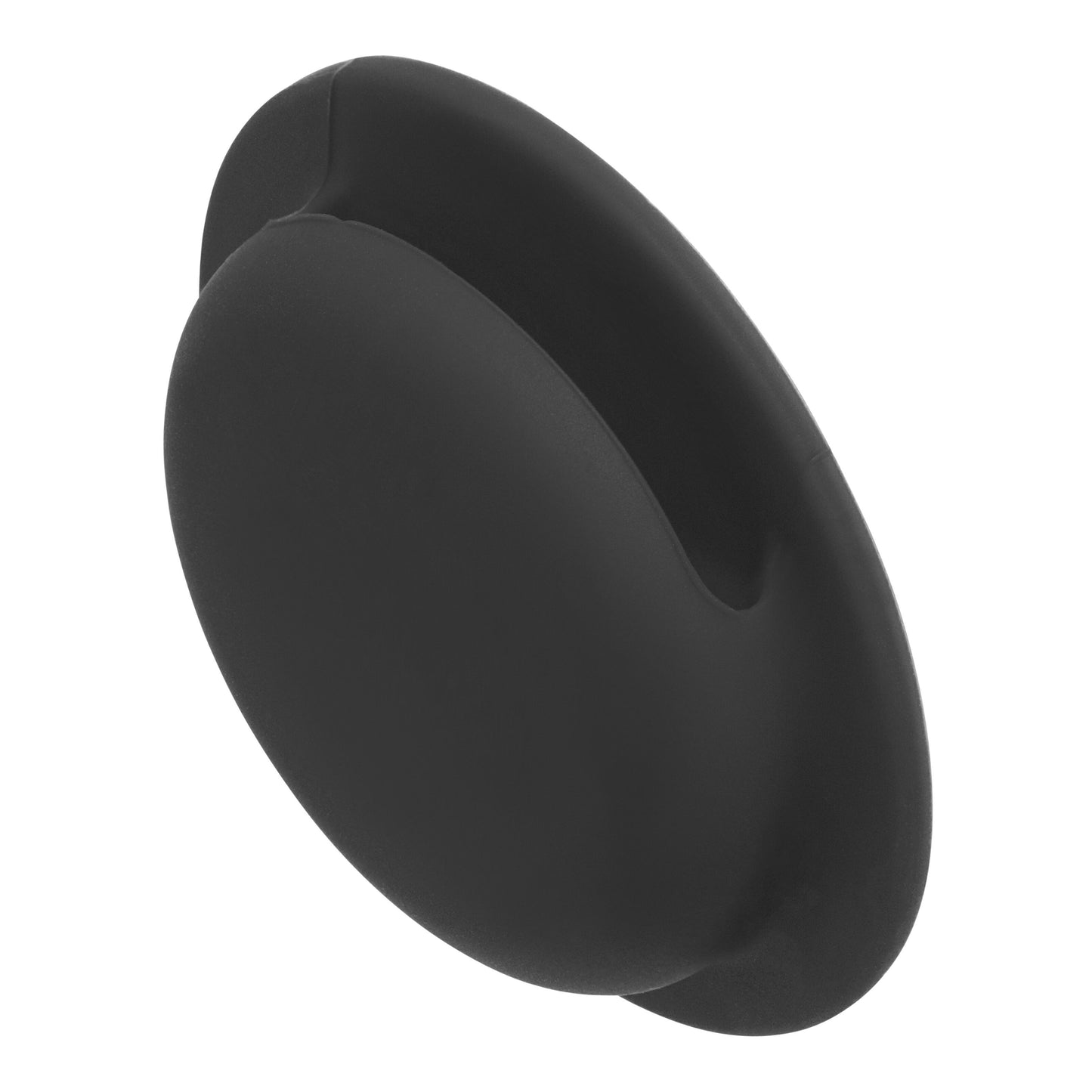 Sort oval silikone dåseåbner med flad overflade og buet kant, placeret i sort selvklæbende AirTag etui.