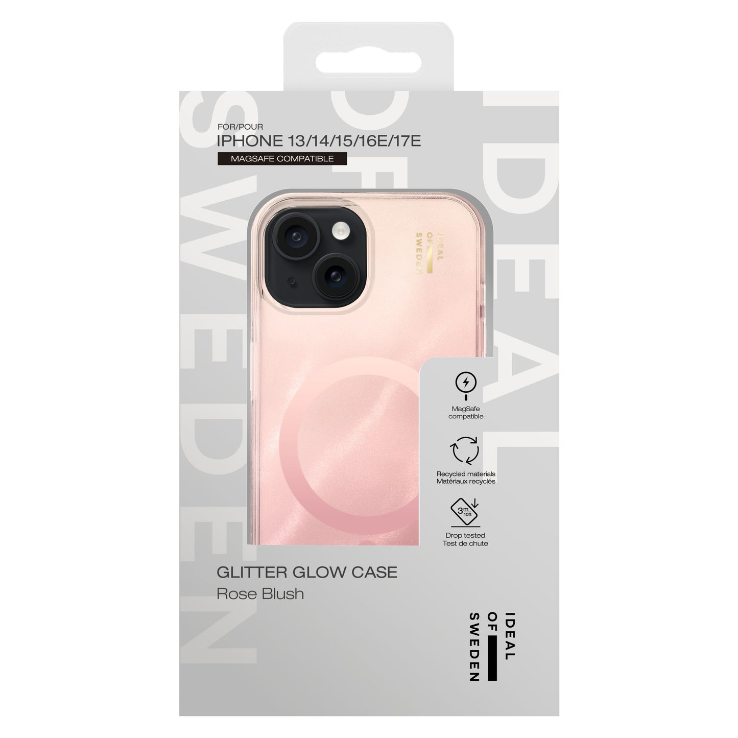 Ideal Of Sweden Clear MagSafe cover til iPhone 13/14/15/16e, transparent med lyserød Rose Blush nuance i original emballage.