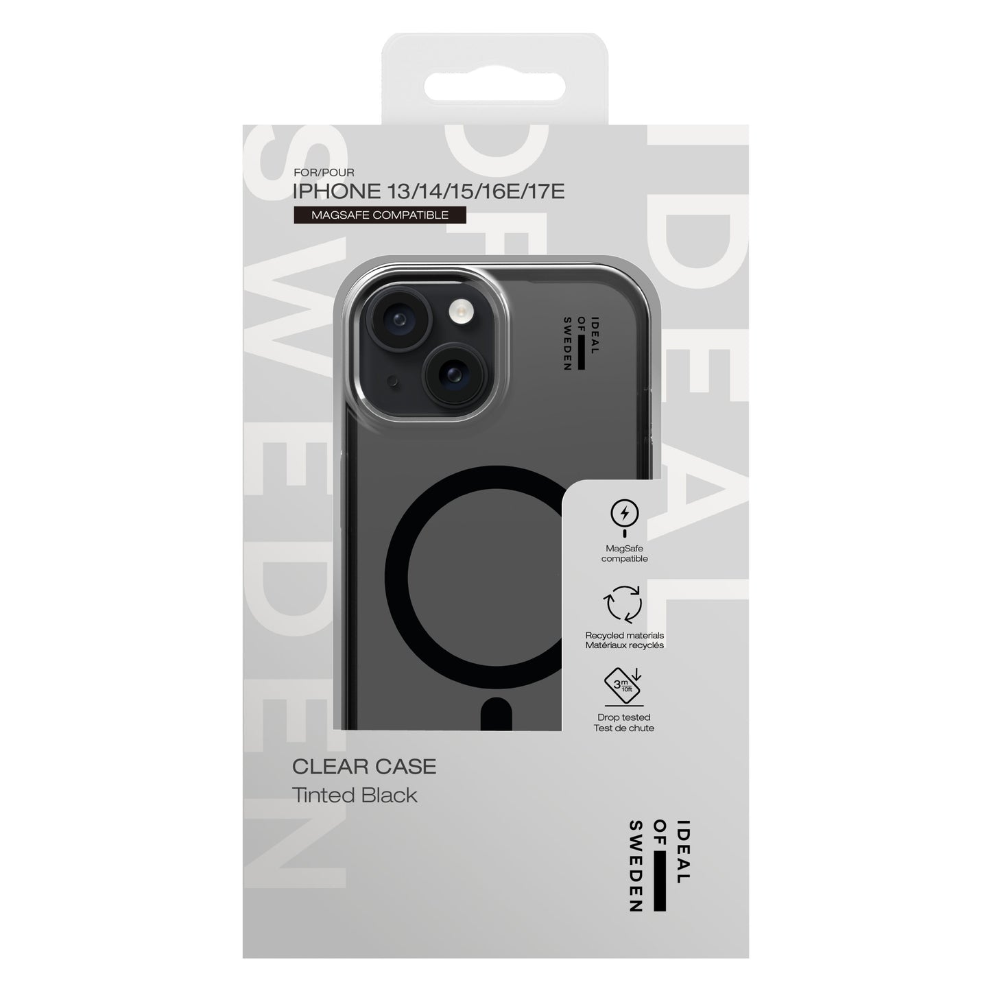 IDEAL OF SWEDEN Clear MagSafe Case i sort transparent plast til iPhone 13, 14, 15, 16e med brandlogo og produktikoner.