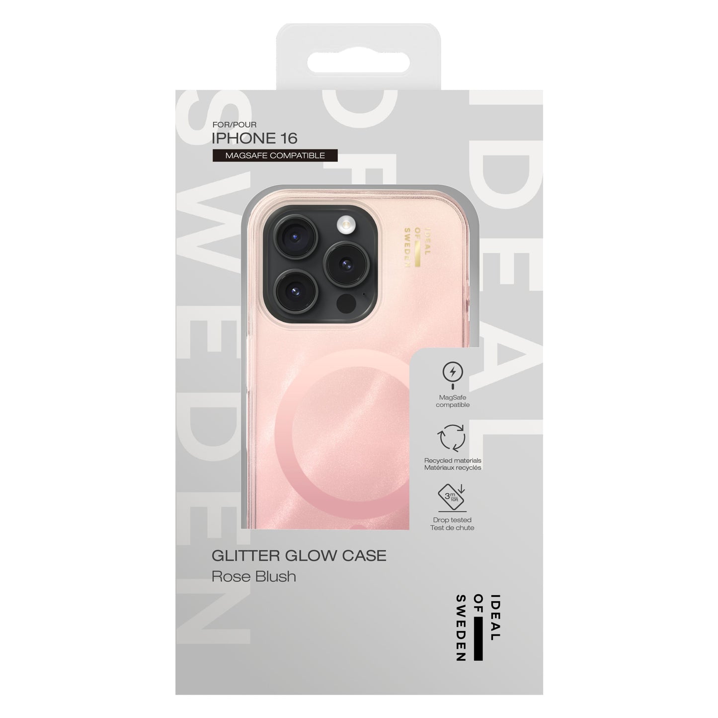 IDEAL OF SWEDEN Clear MagSafe Case Rose Blush til iPhone 16 med dropbeskyttelse, vises i detailæske.