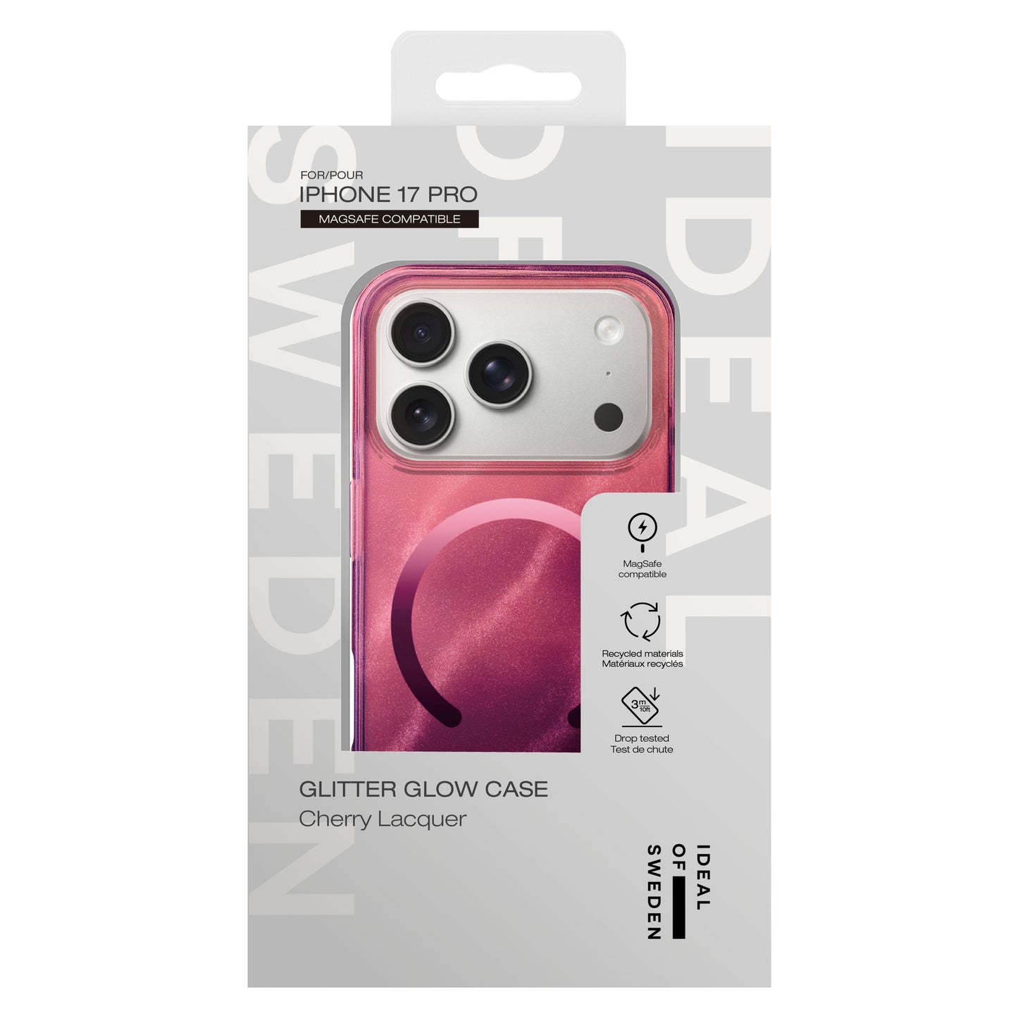 IDEAL OF SWEDEN Clear MagSafe Case iPhone 17 Pro Cherry Lak, gennemsigtigt design, MagSafe, lyserød, i detailæske.