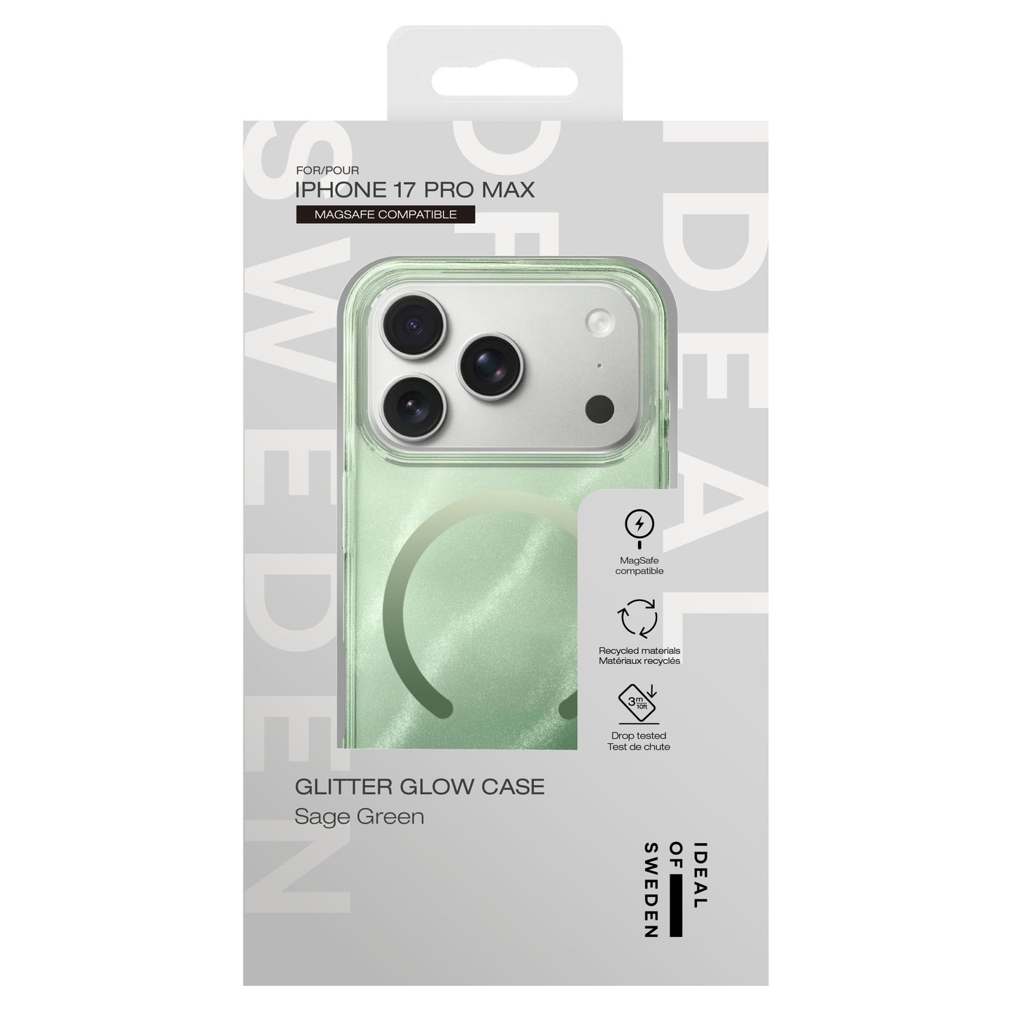 Ideal Of Sweden Clear MagSafe Case til iPhone 17 Pro Max sage green glitter, retail æske med "MagSafe Compatible.