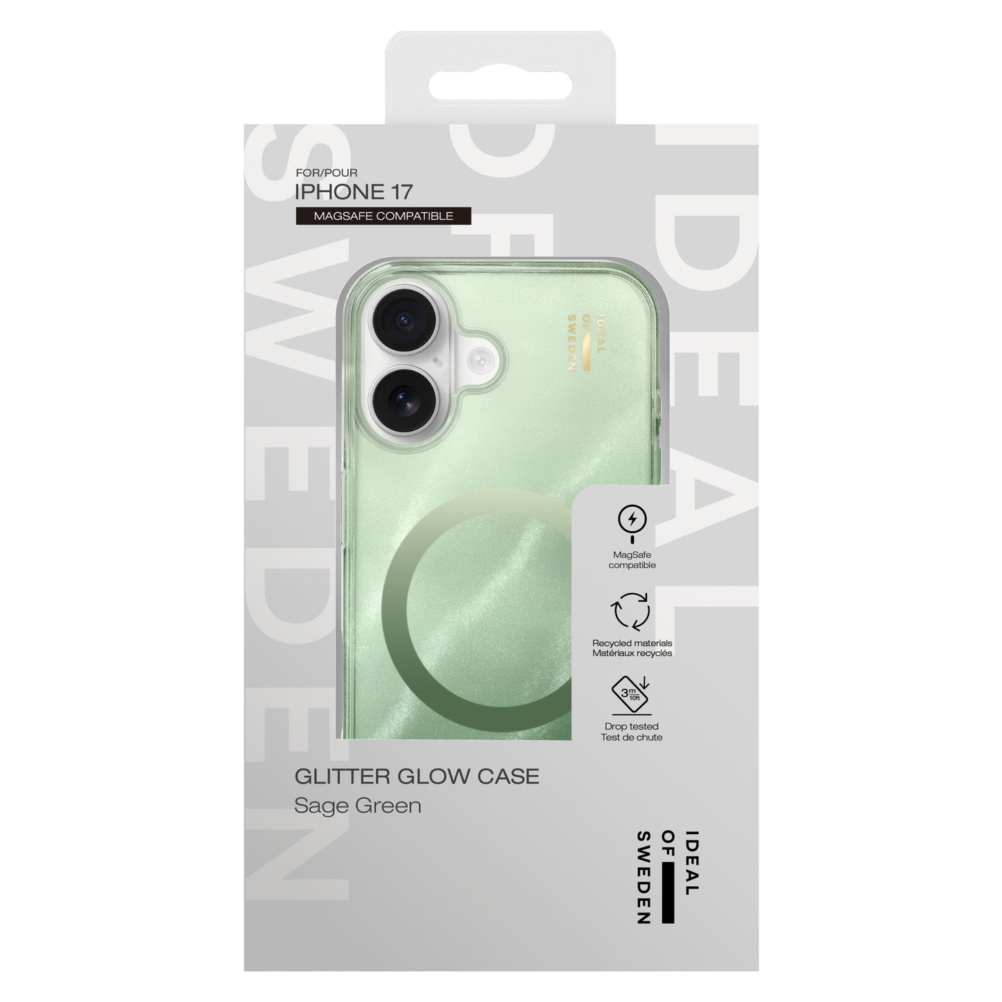 IDEAL OF SWEDEN Clear MagSafe Case iPhone 17 Sage Green, emballage med "GLITTER GLOW CASE", MagSafe, dropbeskyttelse.