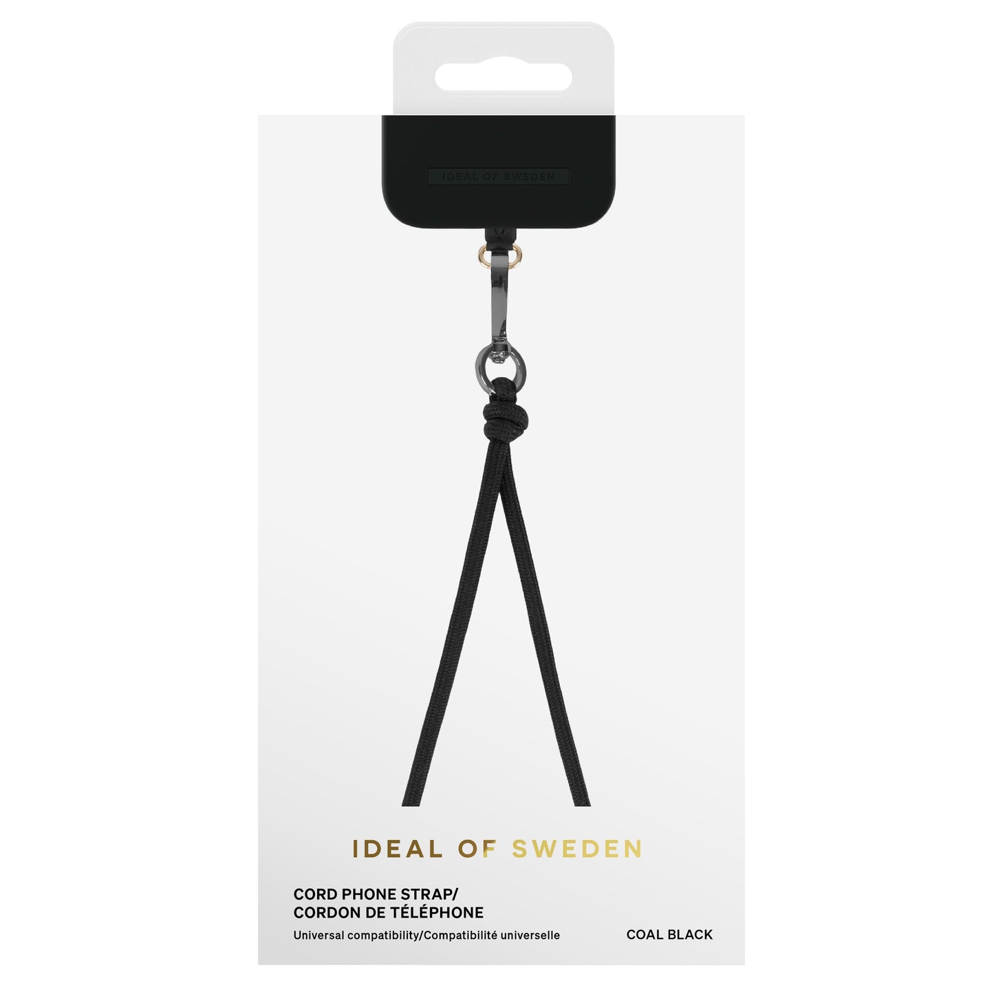 IDEAL OF SWEDEN Cord Phone Strap Coal Black justerbar mobilrem med metalspænde og universel kompatibilitet i detailemballage.