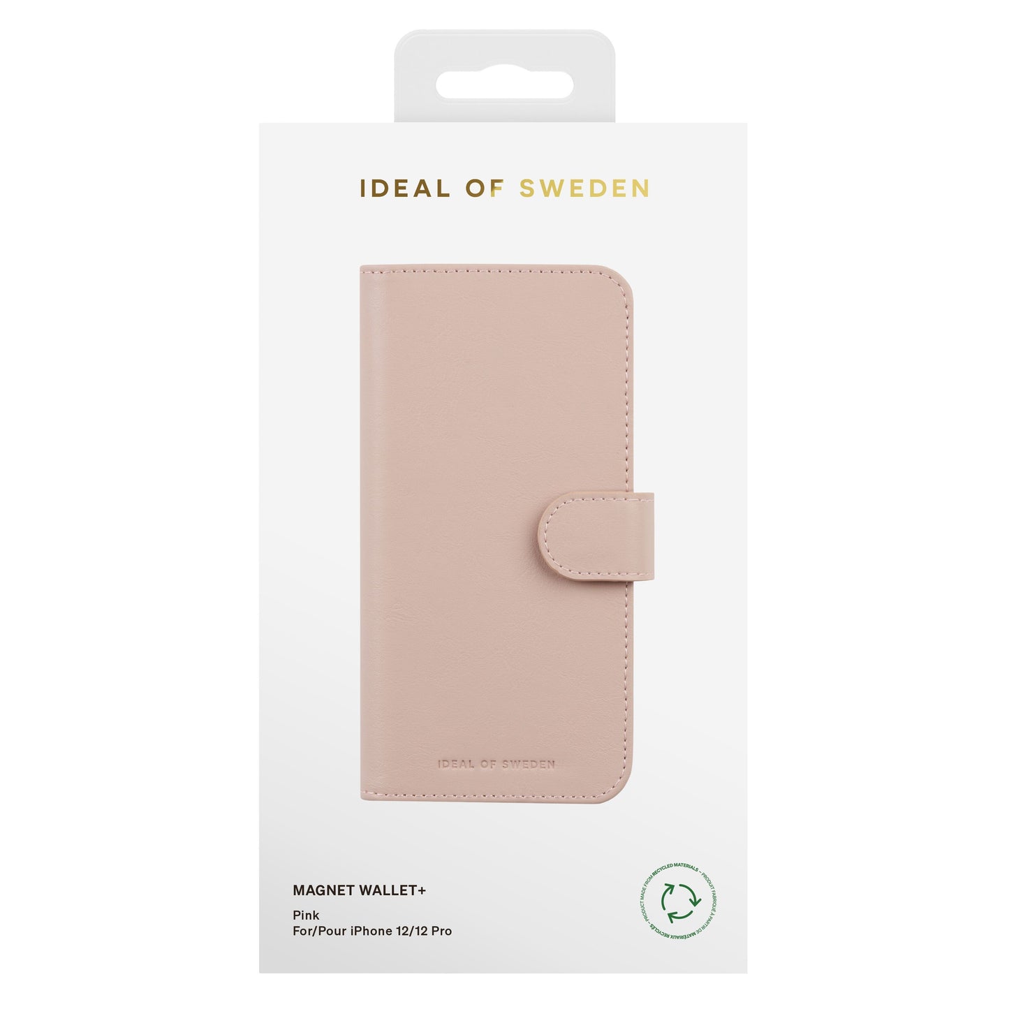 IDEAL OF SWEDEN Magnet Wallet+ pink cover til iPhone 12/12 Pro i hvid æske med guld og sort tekst samt genbrugssymbol.