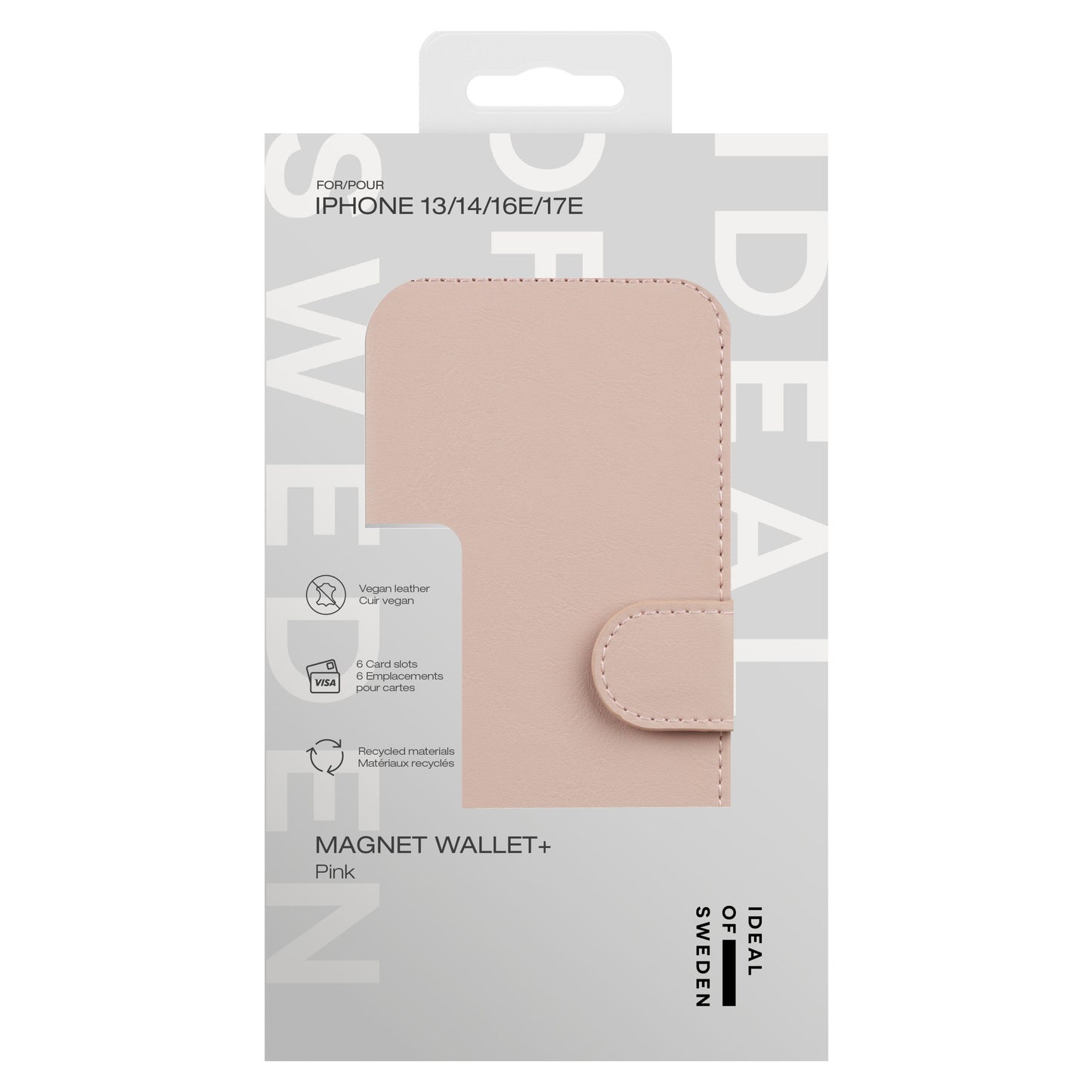Ideal Of Sweden Magnet Wallet+ pungcover til iPhone 13/14/16e pink, dyrefri og genbrugsmaterialer, RFID, 6 kortpladser.