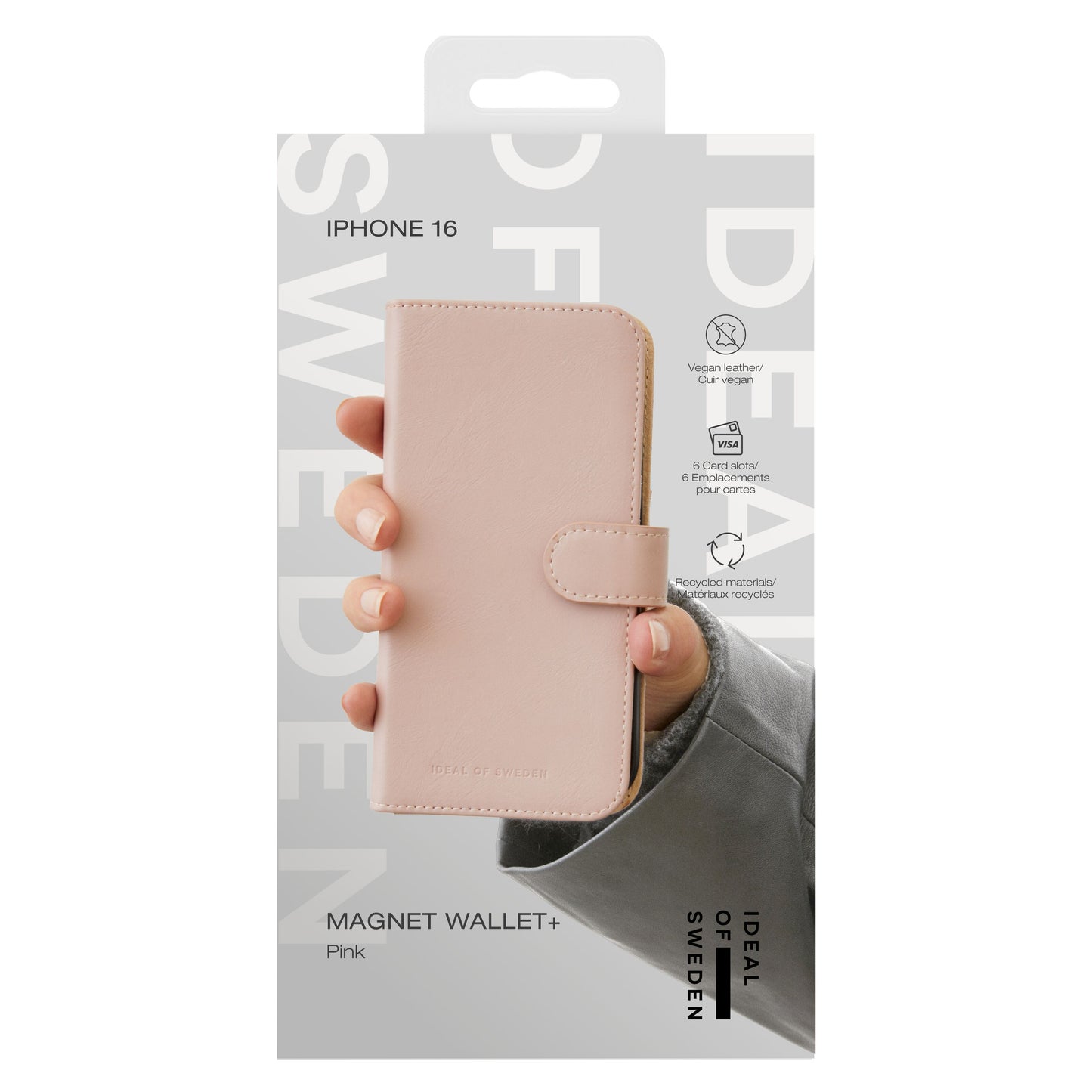IDEAL OF SWEDEN Magnet Wallet+ pungcover til iPhone 16 pink, vegansk læder, snaplukning, 6 kortlommer, genbrugsmaterialer.