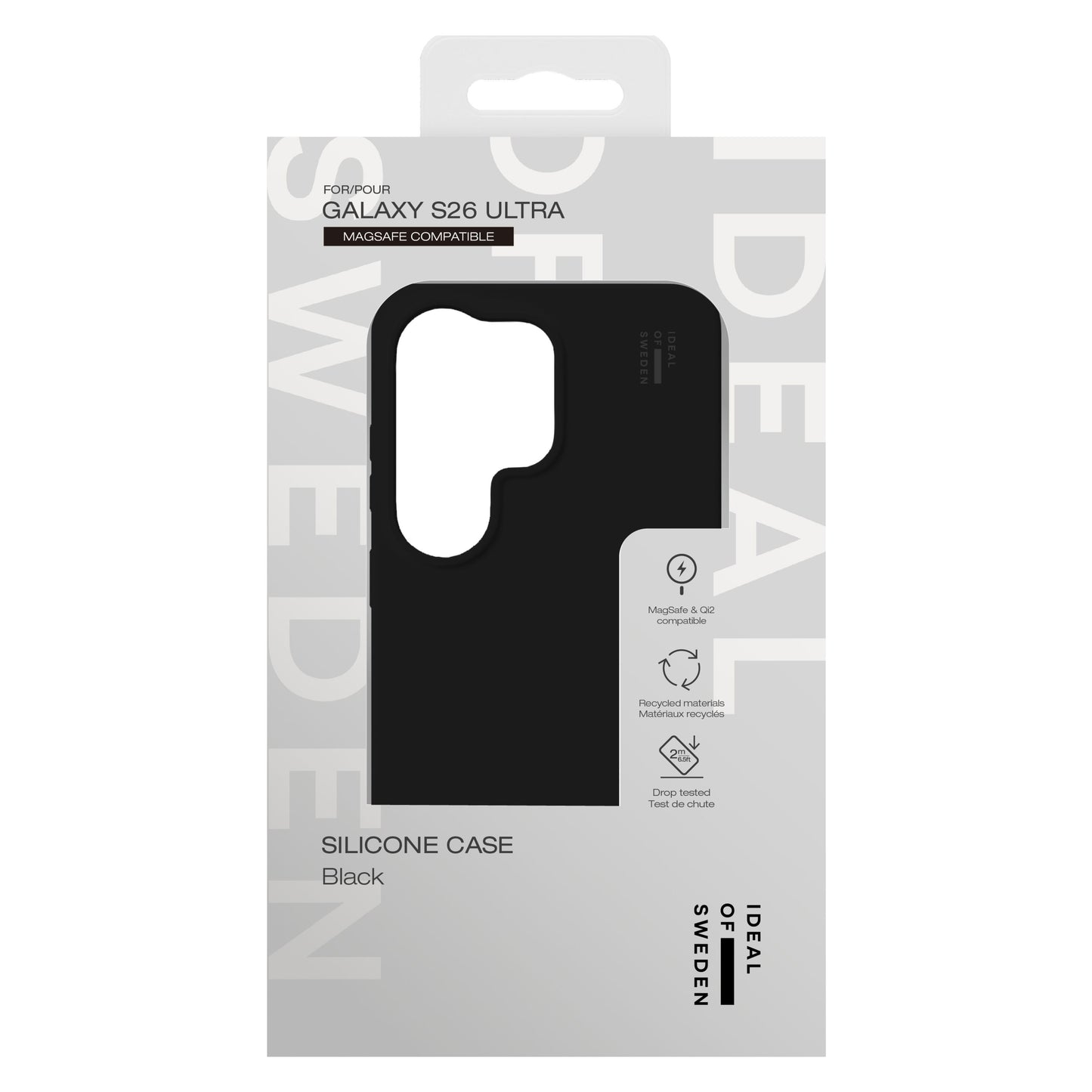 IDEAL OF SWEDEN Silicone MagSafe Cover Galaxy S26 Ultra sort, præcis kameracutout, MagSafe-kompatibel, hvid æske med gråt logo.