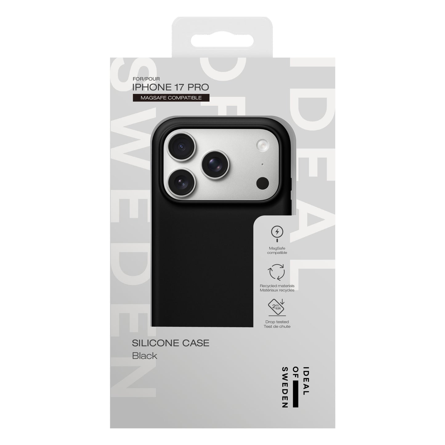 IDEAL OF SWEDEN Silikone MagSafe Cover til iPhone 17 Pro Sort vist på æsken med fokus på MagSafe og drop-testet beskyttelse.