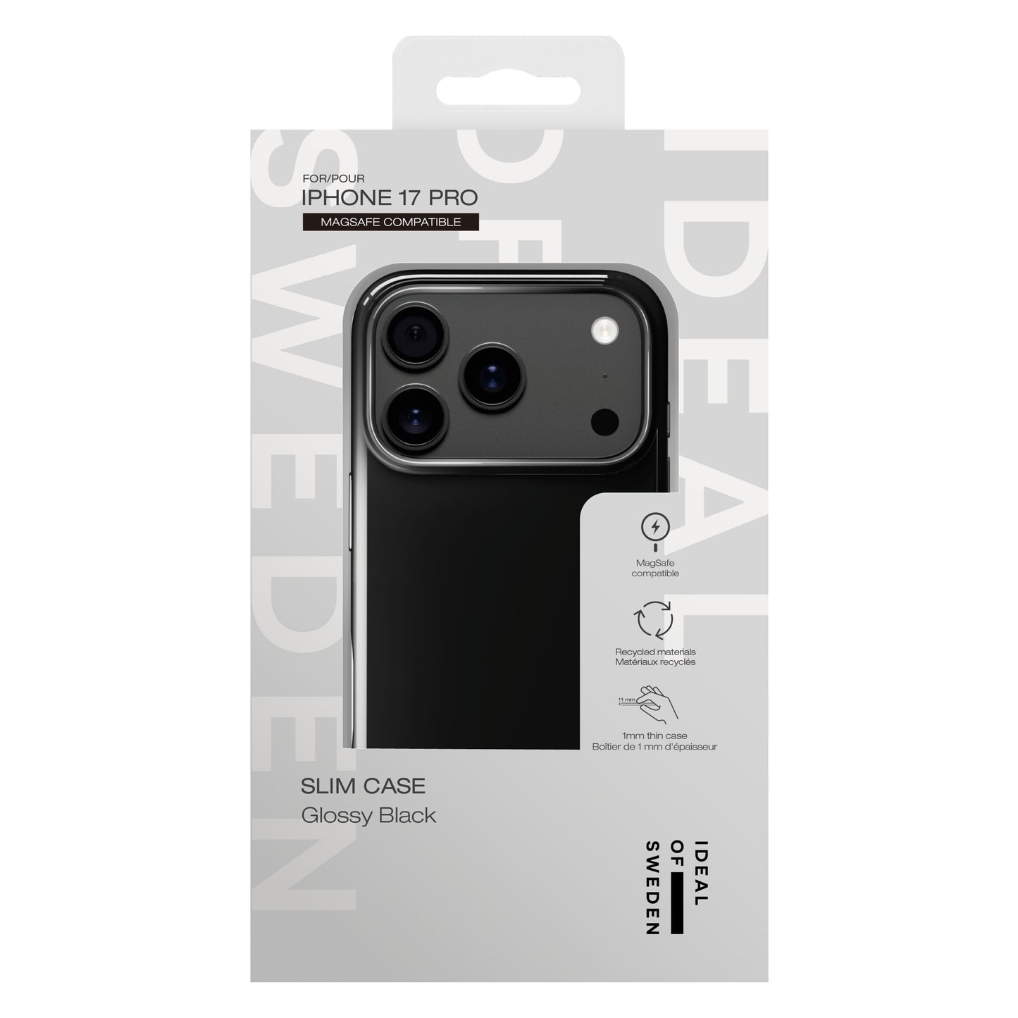 IDEAL OF SWEDEN Slim MagSafe Cover Glossy Black til iPhone 17 Pro, emballage viser cover på telefon og MagSafe-funktion.