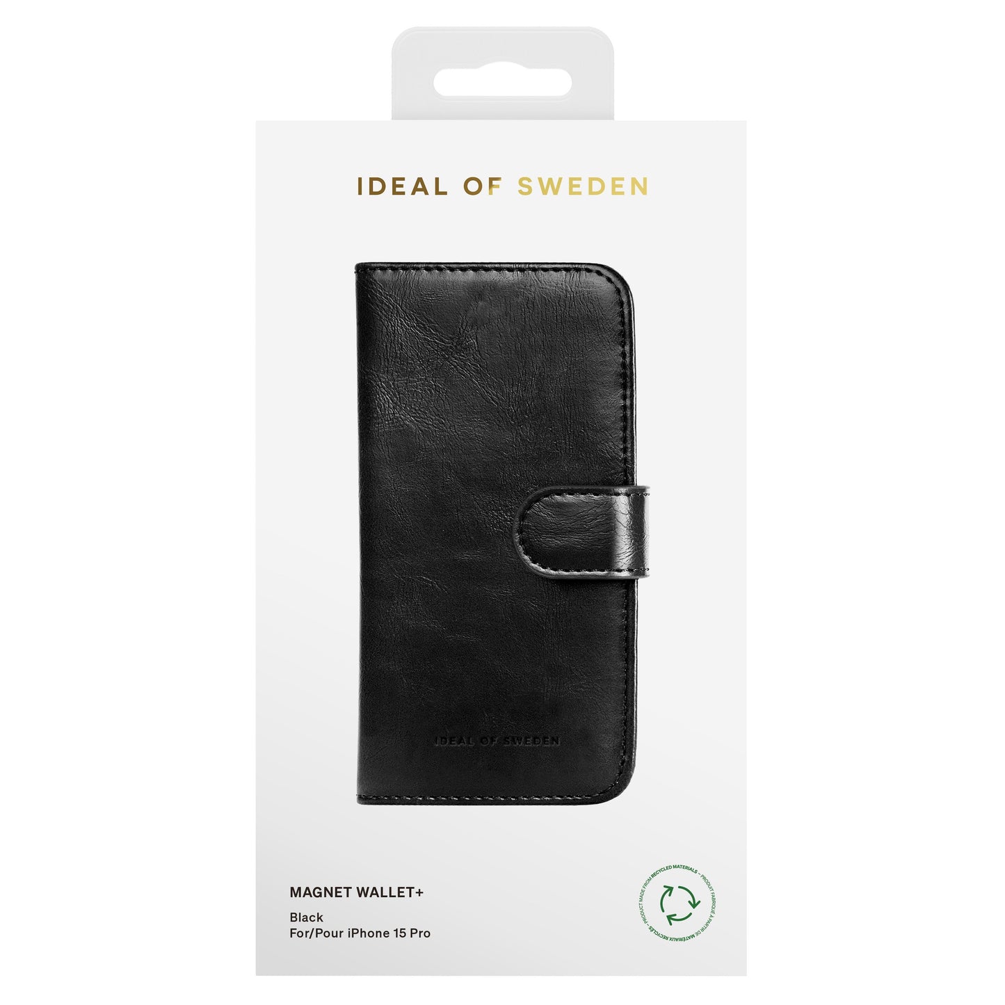 IDEAL OF SWEDEN Magnet Wallet+ etui til iPhone 15 Pro sort læder med kortholder i æske med genbrugssymbol.