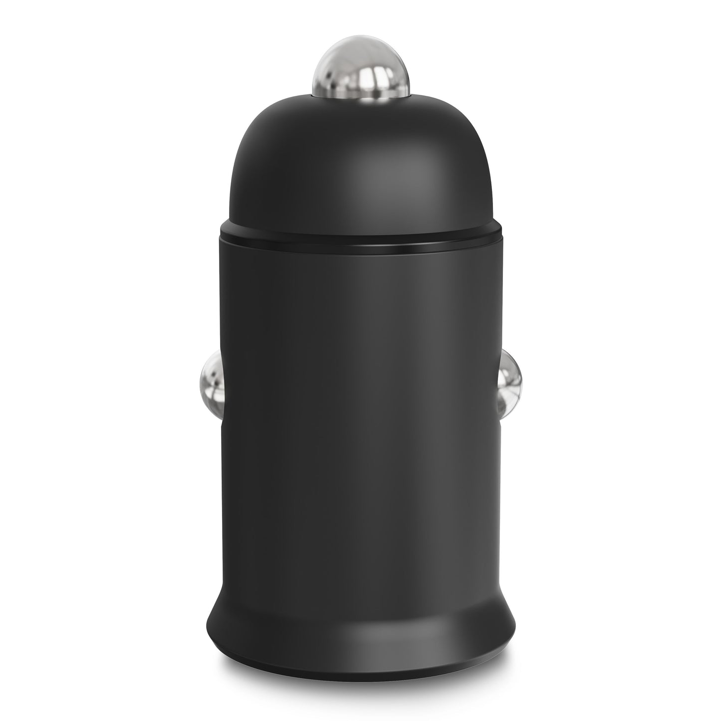 Linocell 45W biloplader PD GaN, sort cylinder med afrundet sølvlåg og to sideknapper.