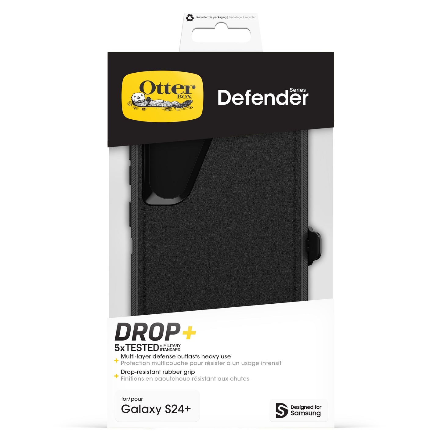 Otterbox etui til Galaxy S24 Plus, Drop+ beskyttelse, multi-lags design, gummigreb, detailæske.