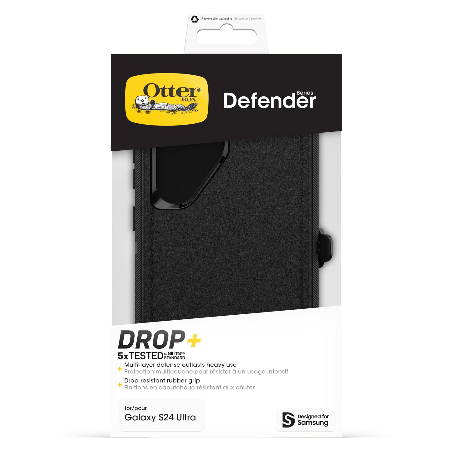 Otterbox Galaxy S24 Ultra sort cover i emballage med Otterbox-logo, multi-lagsbeskyttelse, genanvendt materiale.