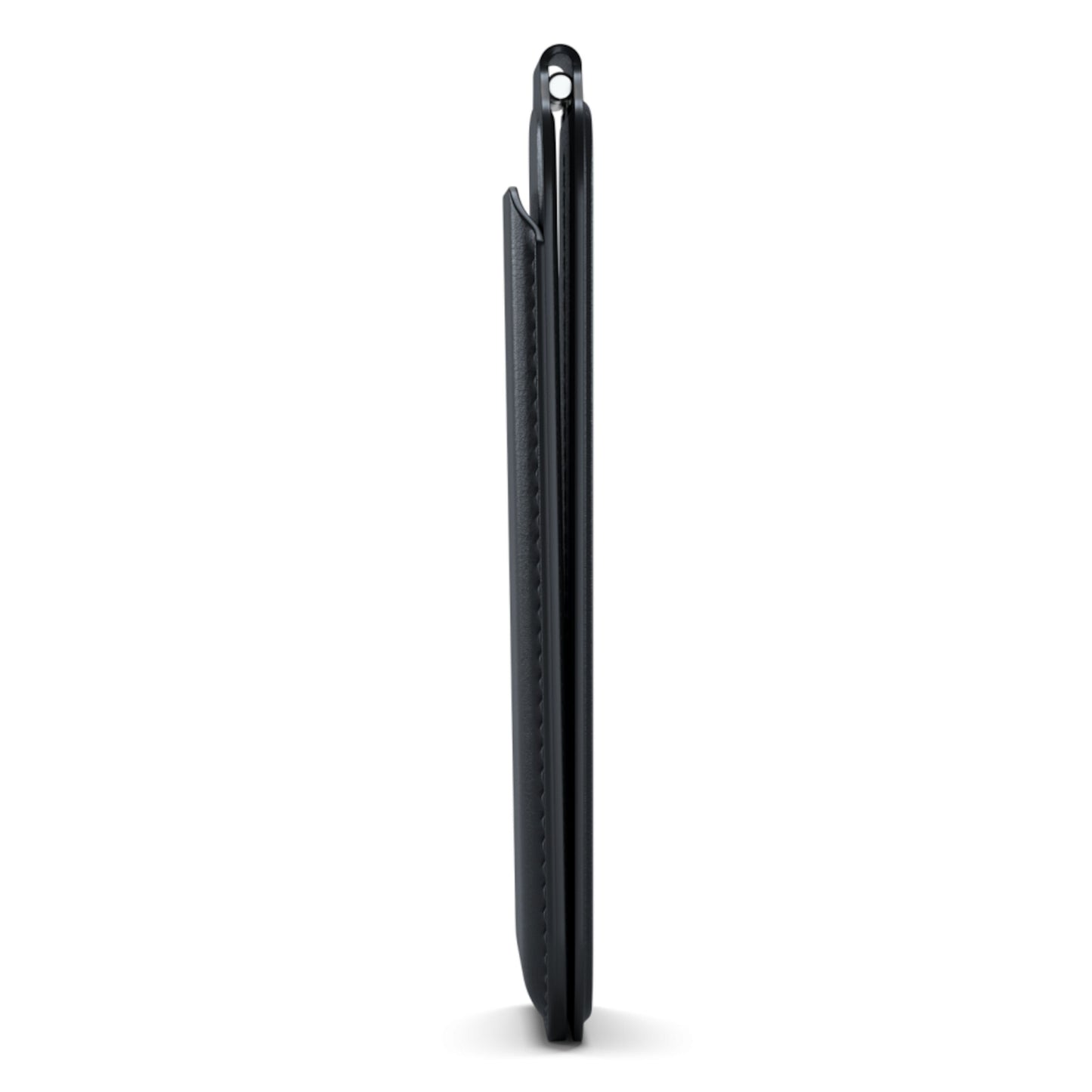 Satechi magnetisk kortholder med støttefunktion, sort vegansk læder, sideprofil med synlig slankhed og syninger til iPhone 12.