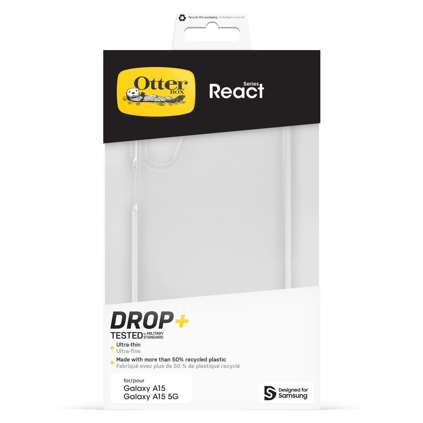 OtterBox Reager cover til Galaxy A15/A15 5G, gennemsigtig, ultratynd, DROP+ beskyttelse, >50 genbrugsplast, hvid/gul/sort æske.