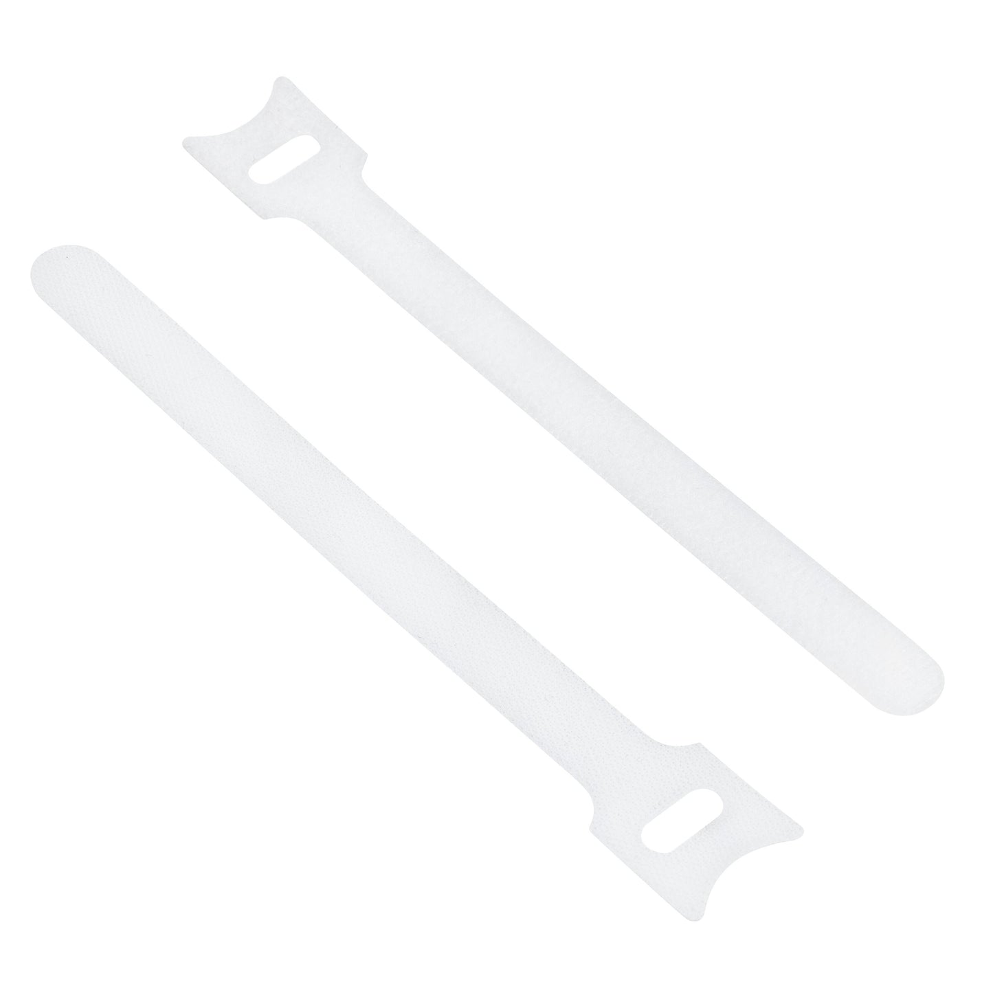 Kabelsamler 2-pak, hvid, to plaststrips med rund spids og flad ende med rektangulært hul til ledningsorganisering.