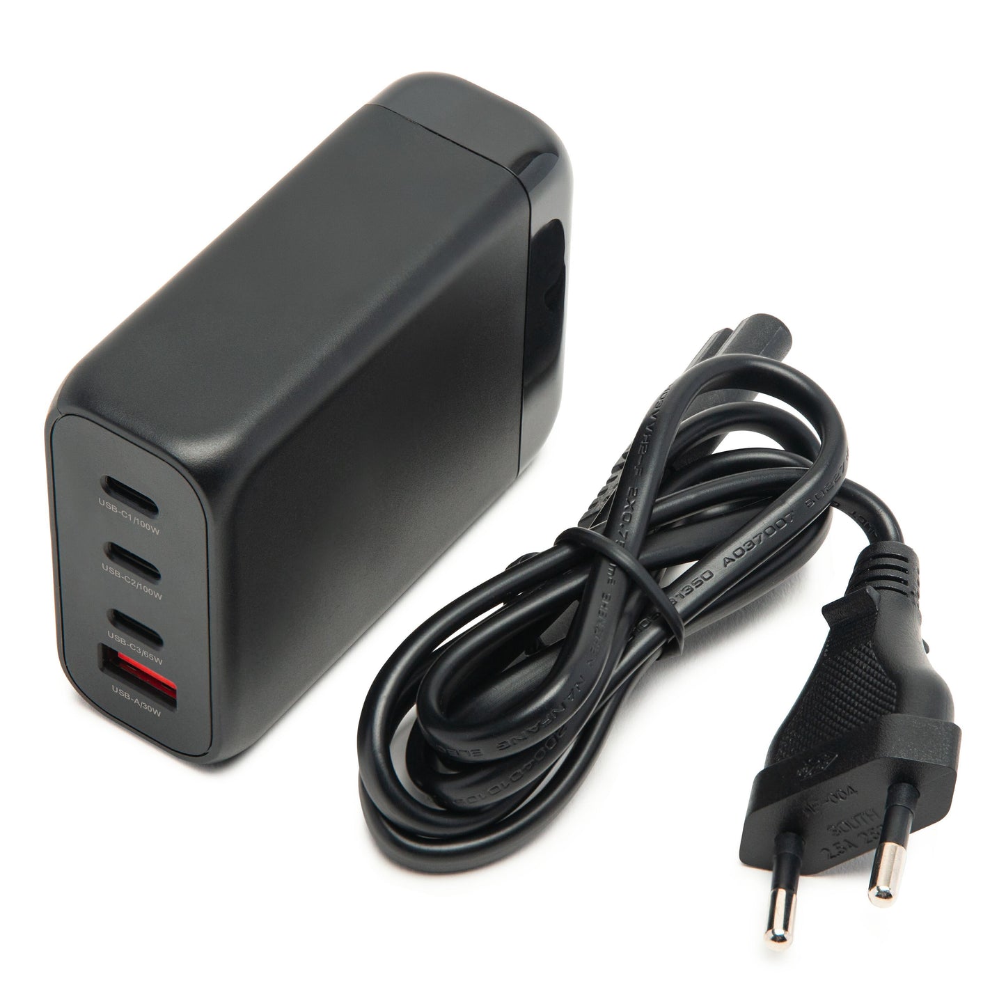 Linocell GaN Multioplader PD 3.0 100 W sort med tre USB-C og en USB-A port samt sort to-benet strømkabel.