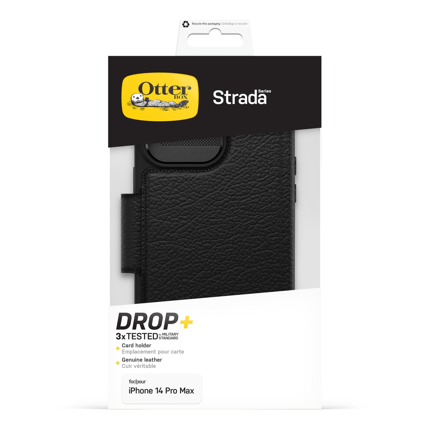 Otterbox Strada mobilcover til iPhone 14 Pro Max, drop protection, kortholder, Otterbox logo på emballage forside.