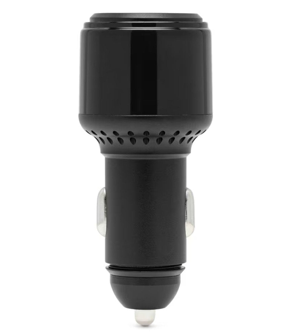 Linocell Premium biloplader sort cylindrisk med metalsider, bred top, USB-C PD-port 95 W understøtter hurtig opladning.