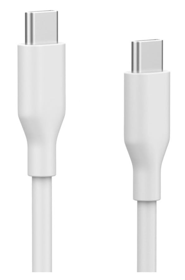 2 stk USB-C 2.0 kabel hvid 2 m med sølvstik, placeret lodret, understøtter 60 W opladning og dataoverførsel.
