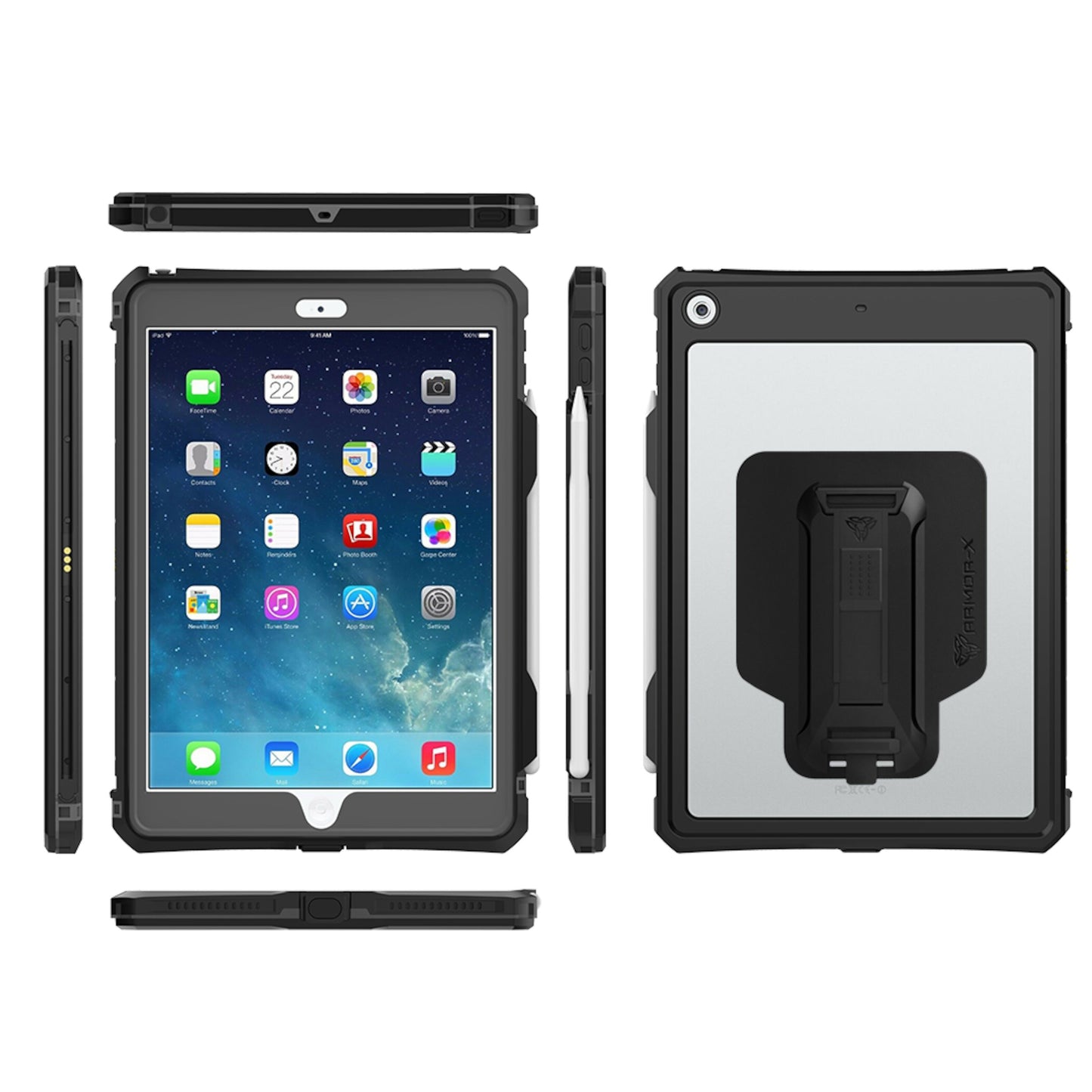 Armor-X vandtæt etui til iPad 10,2", sort/sølv, X-mount-adapter, indbygget stander, præcise udskæringer.
