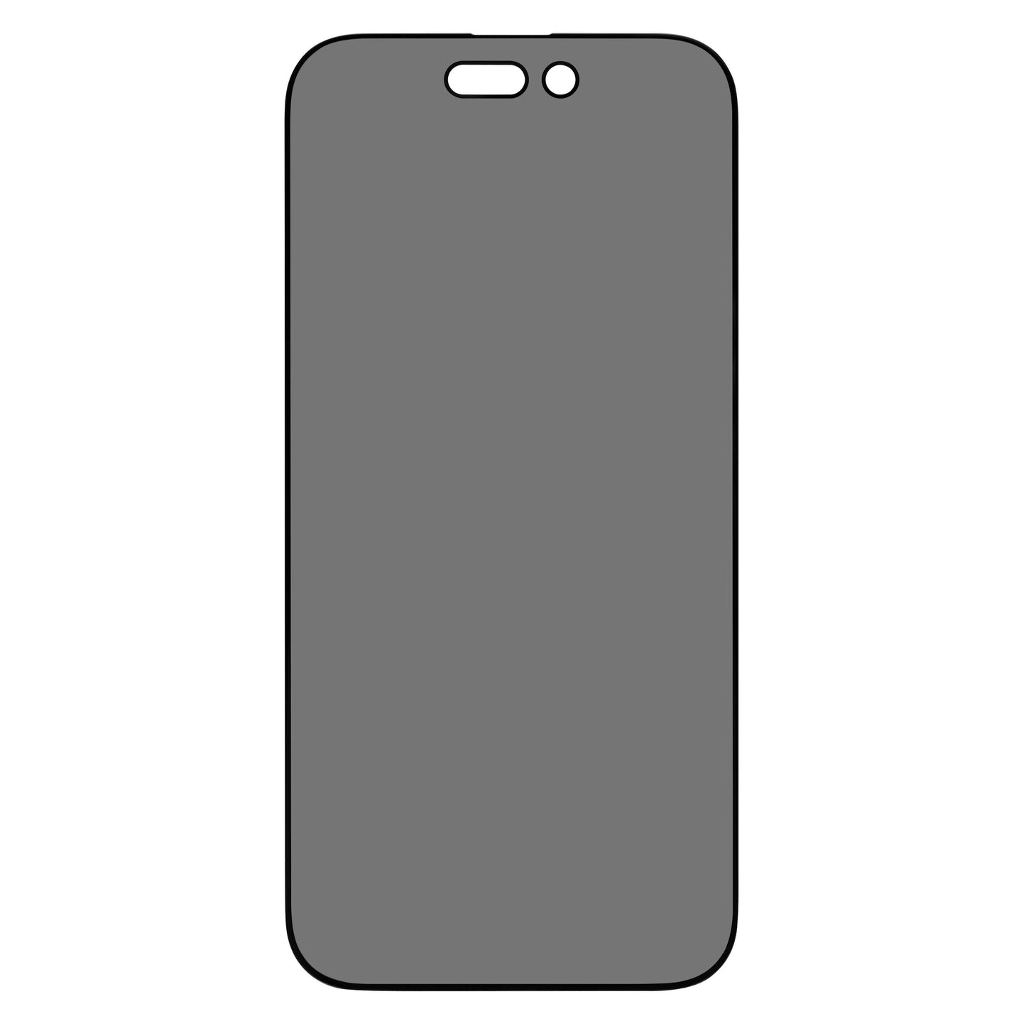 IPhone 15 Pro Max med Linocell Elite Extreme Privacy Glass skærmbeskytter, grå skærm, udskæring til knap og kamera.