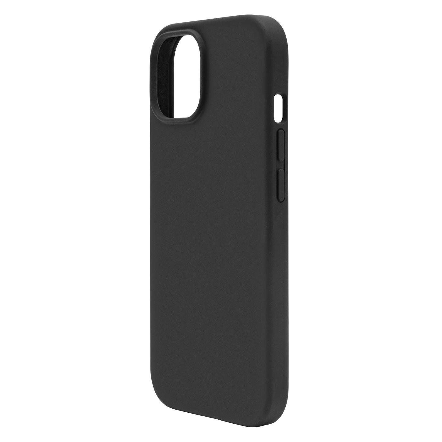 Silikone cover til iPhone 15 sort med afrundede kanter, udskæringer til kamera og knapper, antibakteriel overflade.