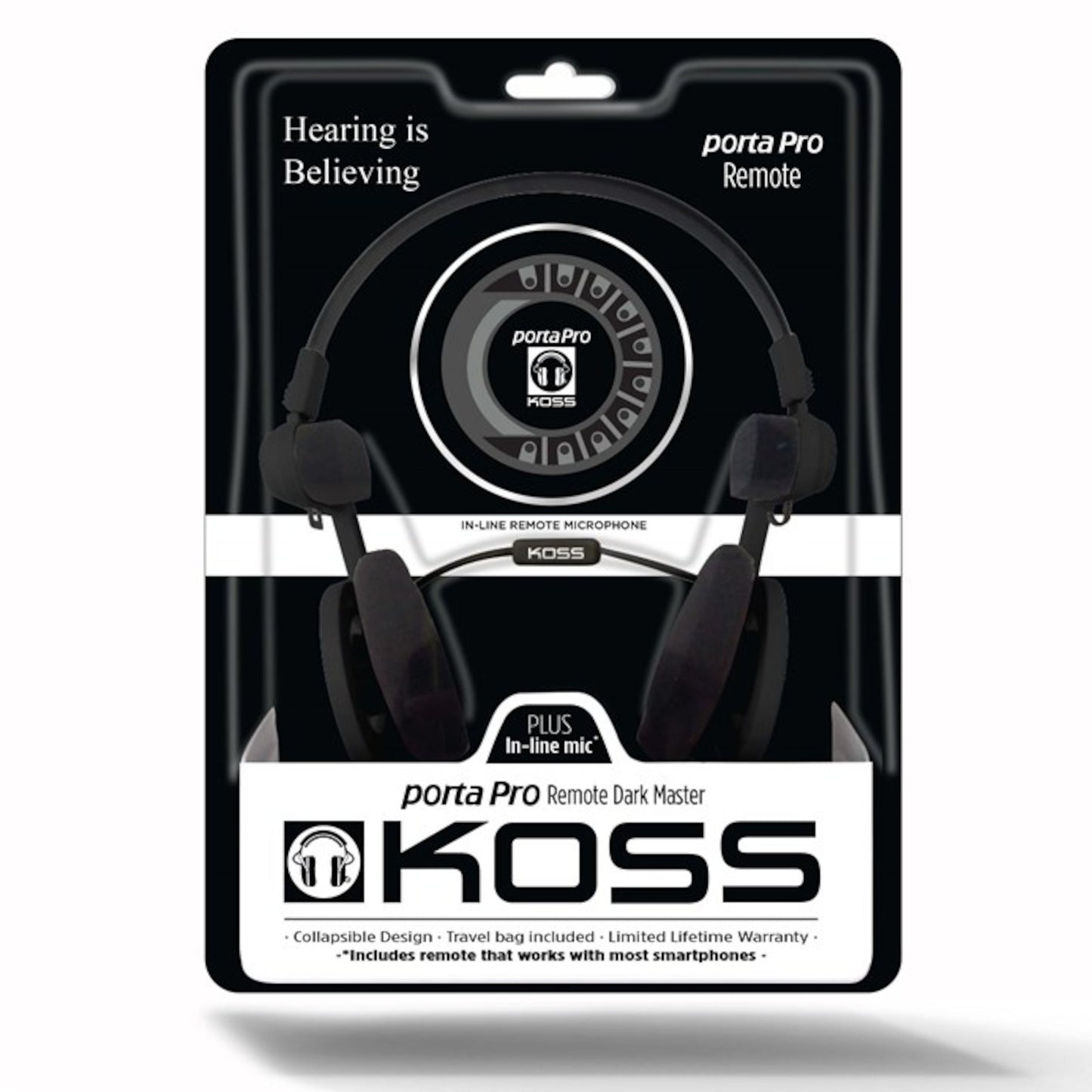 Koss Porta Pro 3.0 on-ear headset sort med mikrofon, sammenklappeligt design, rejsetaske og retail-emballage.