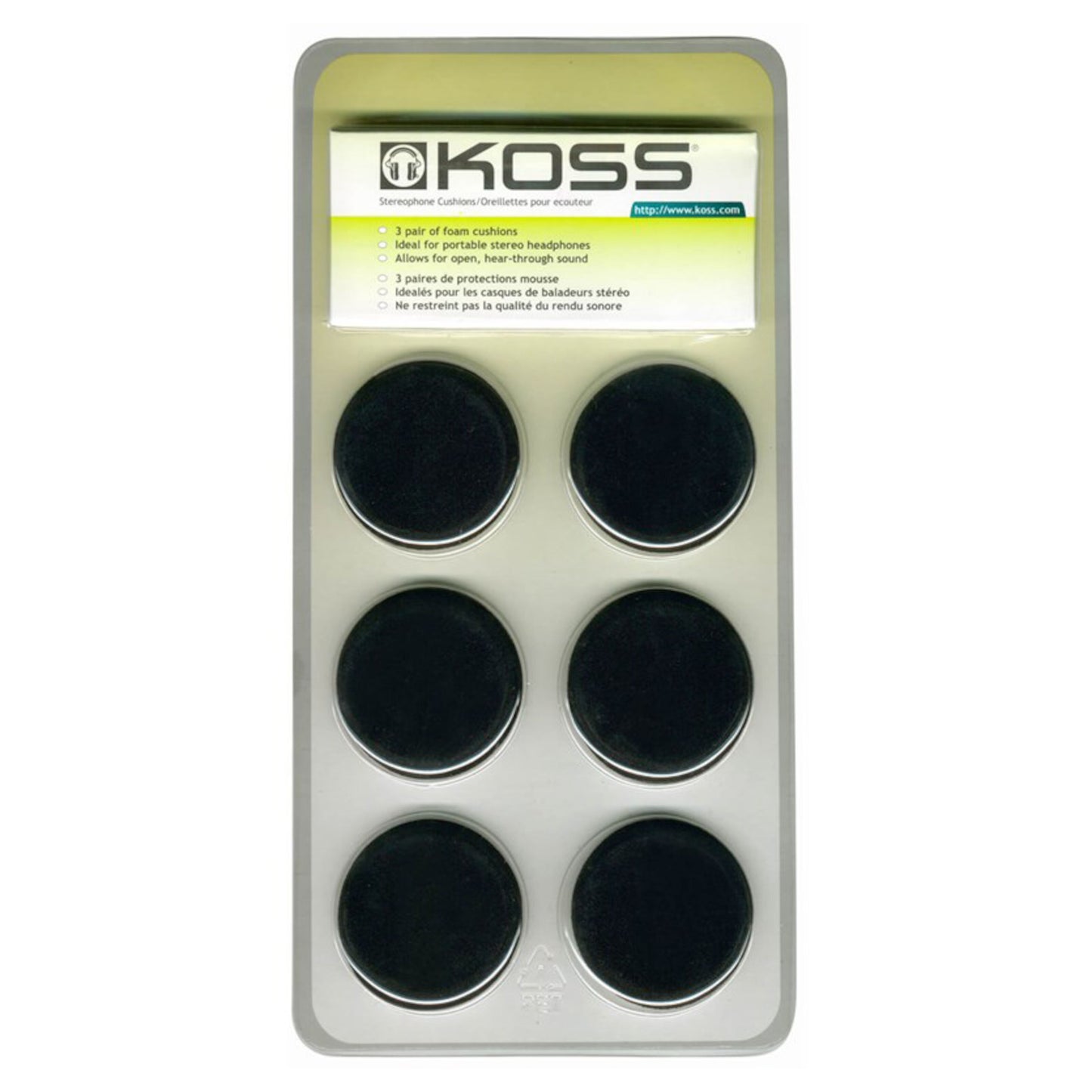 Koss Porta Pro Extra hovedtelefonpuder, sort skum, 3 par i klar plastikpakke med Koss-logo, til Koss stereo-hovedtelefoner.
