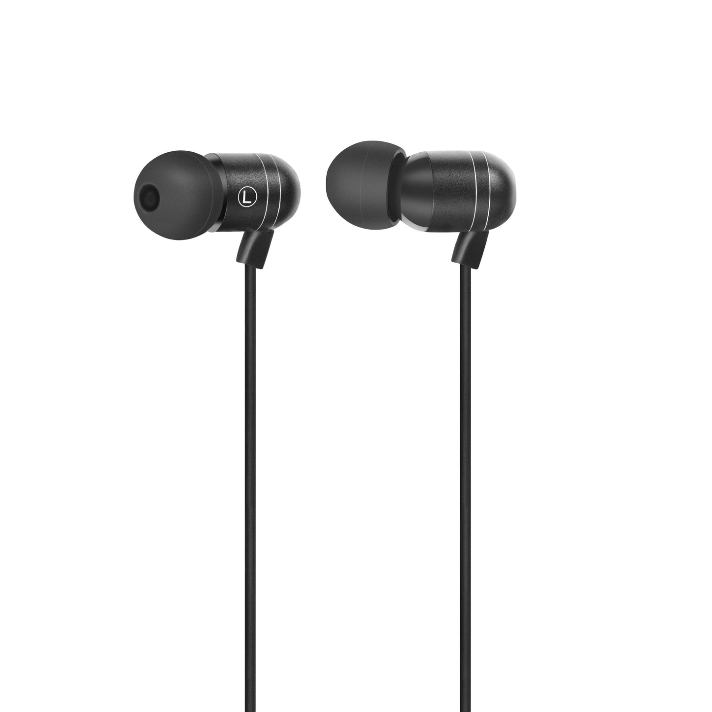Linocell Premium Kontorhovedtelefoner sort in-ear, 3,5 mm jack, silikone ørepropper, sølvring, L på venstre earbud.