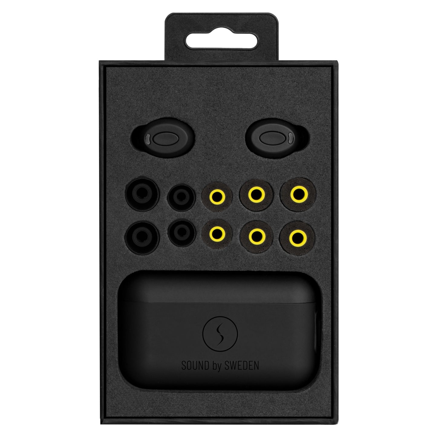 Supra Nero-TX Pro ANC sorte trådløse in-ear høretelefoner, sorte/gule ørepropper, sort ladeetui med Sound by Sweden.