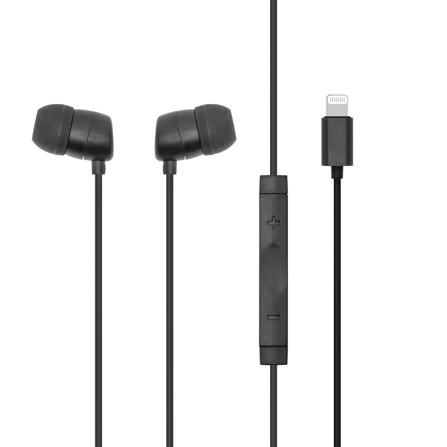 Apple in-ear hovedtelefoner sort med silikonepropper, in-line fjernbetjening, plus/minus knapper og Lightning-stik.