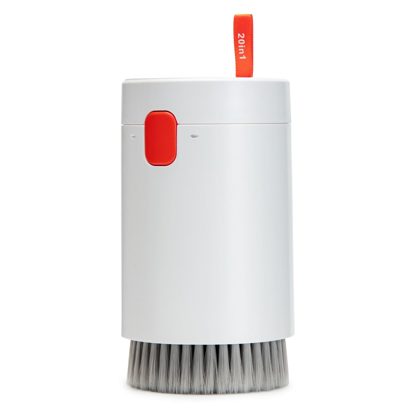 Hvid cylindrisk rengøringsbørste med grå børster, rød knap, orange 20ml-pulltab, del af 20-i-1 elektronikrengøringskit.