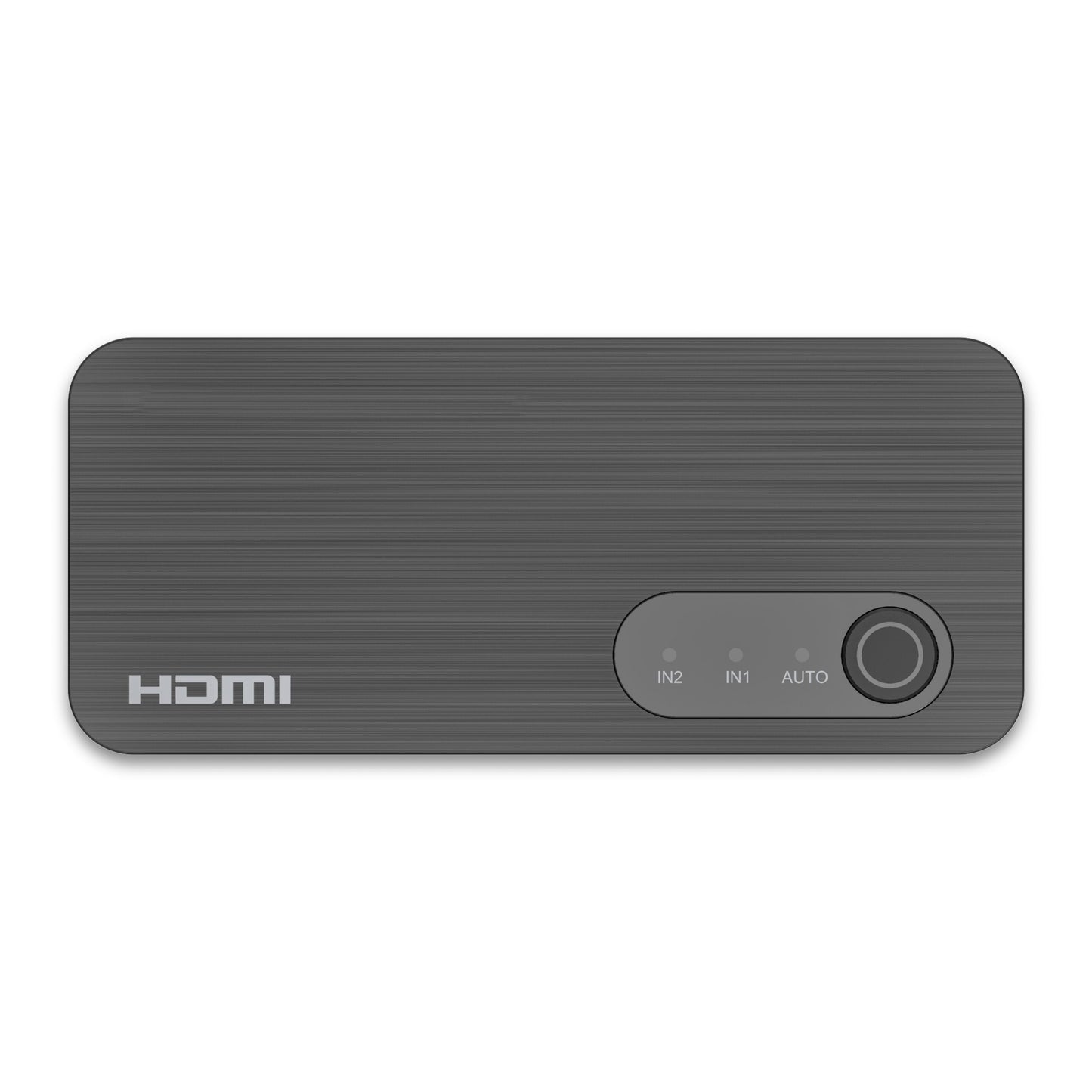 Automatisk HDMI-switch 8K 2-vejs, sort med børstet finish, HDMI-logo, indikatorlys (IN2/IN1/AUTO), knap til højre.