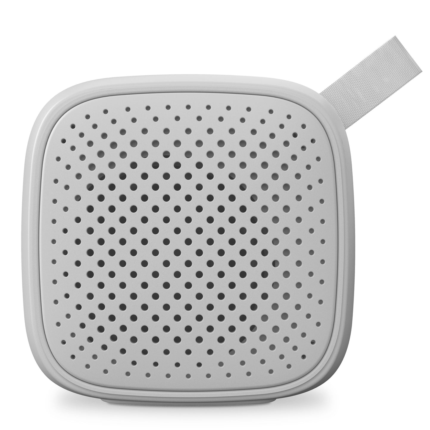 Linocell trådløs højttaler grå, kompakt kvadratisk Bluetooth-højttaler med afrundede kanter og frontgitter.
