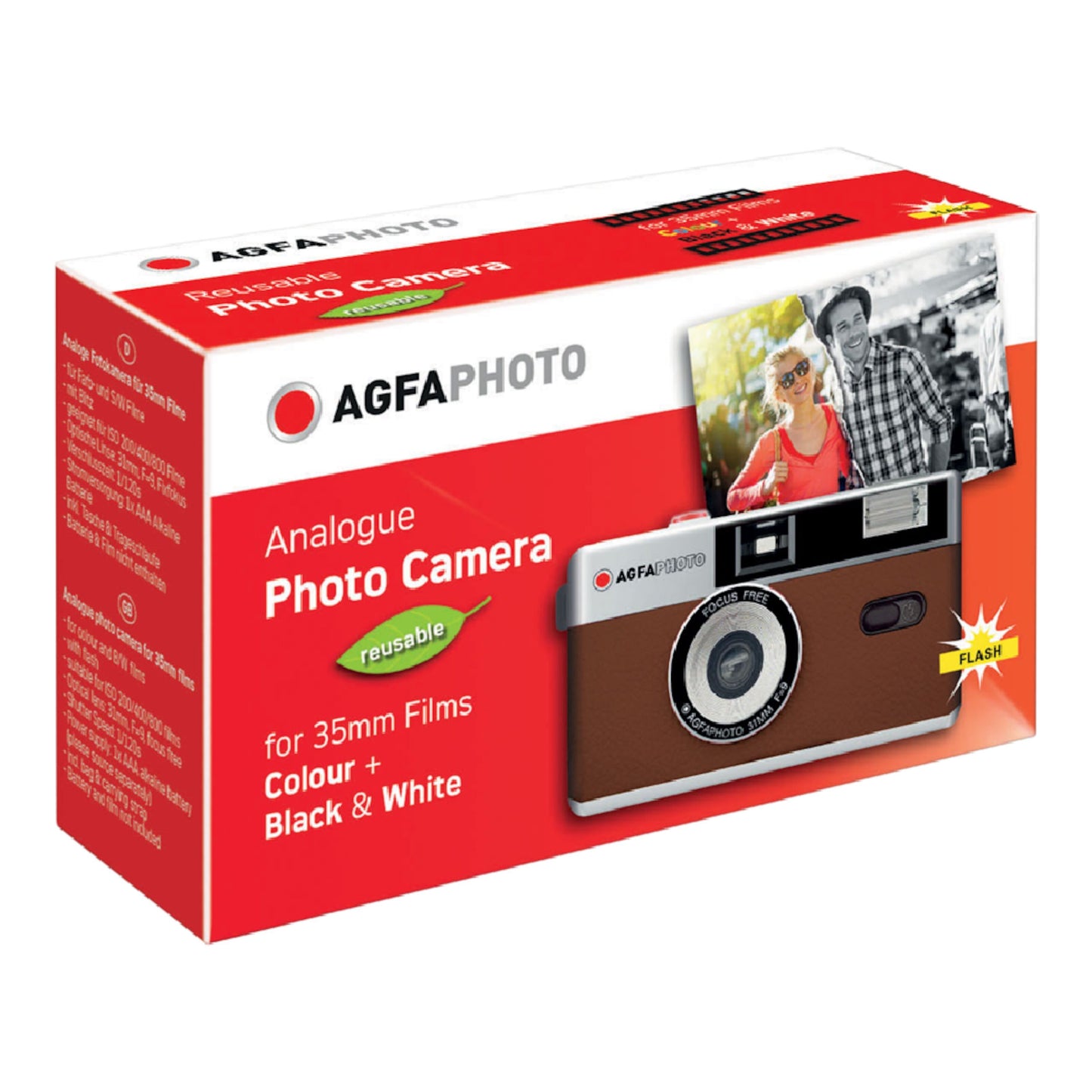 AgfaPhoto Analog kamera 35 mm æske med billede af kamera, tekst "reusable" og "flash", farve- og s/h fotoeksempler.