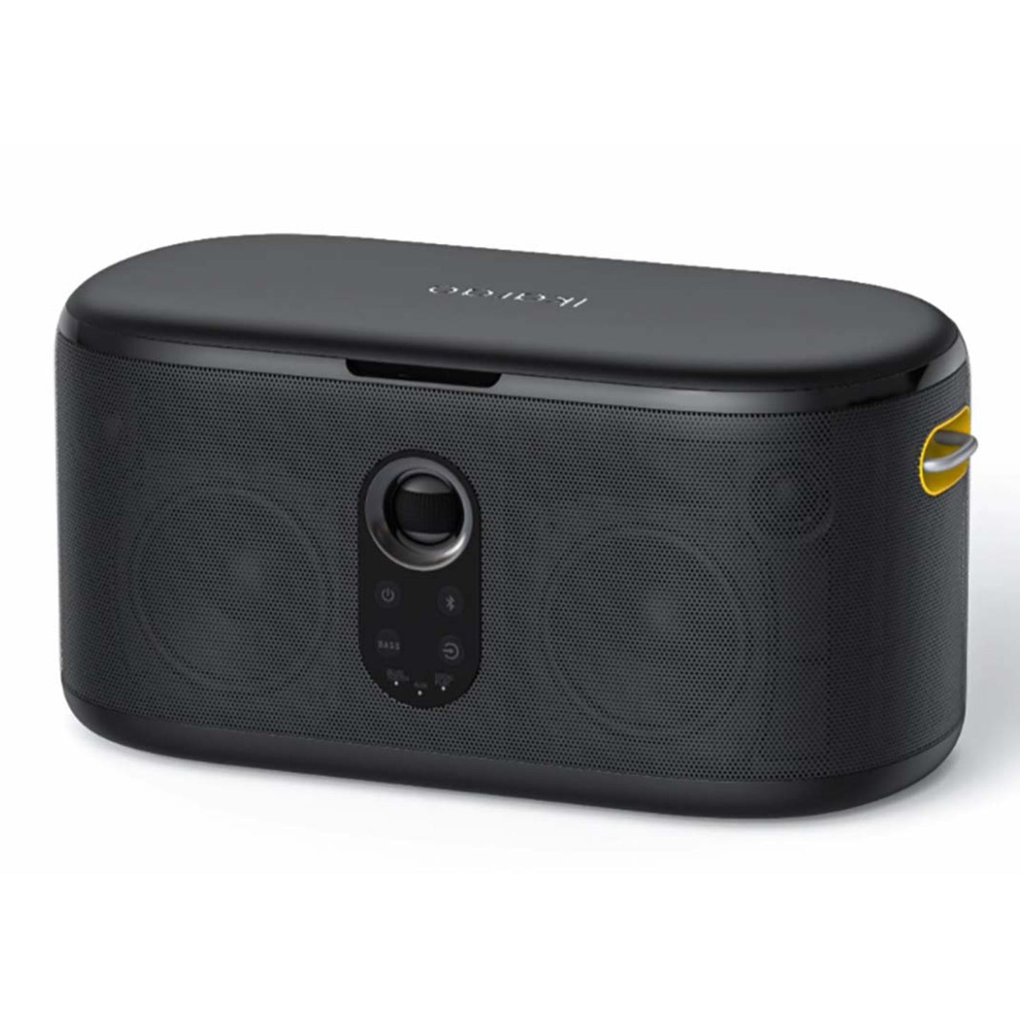Ikarao Shell S1 sort bærbar karaoke-maskine, 10,1" HD-skærm, frontkontroller, gul bærestrop, understøttelse af trådløse mikrofoner.