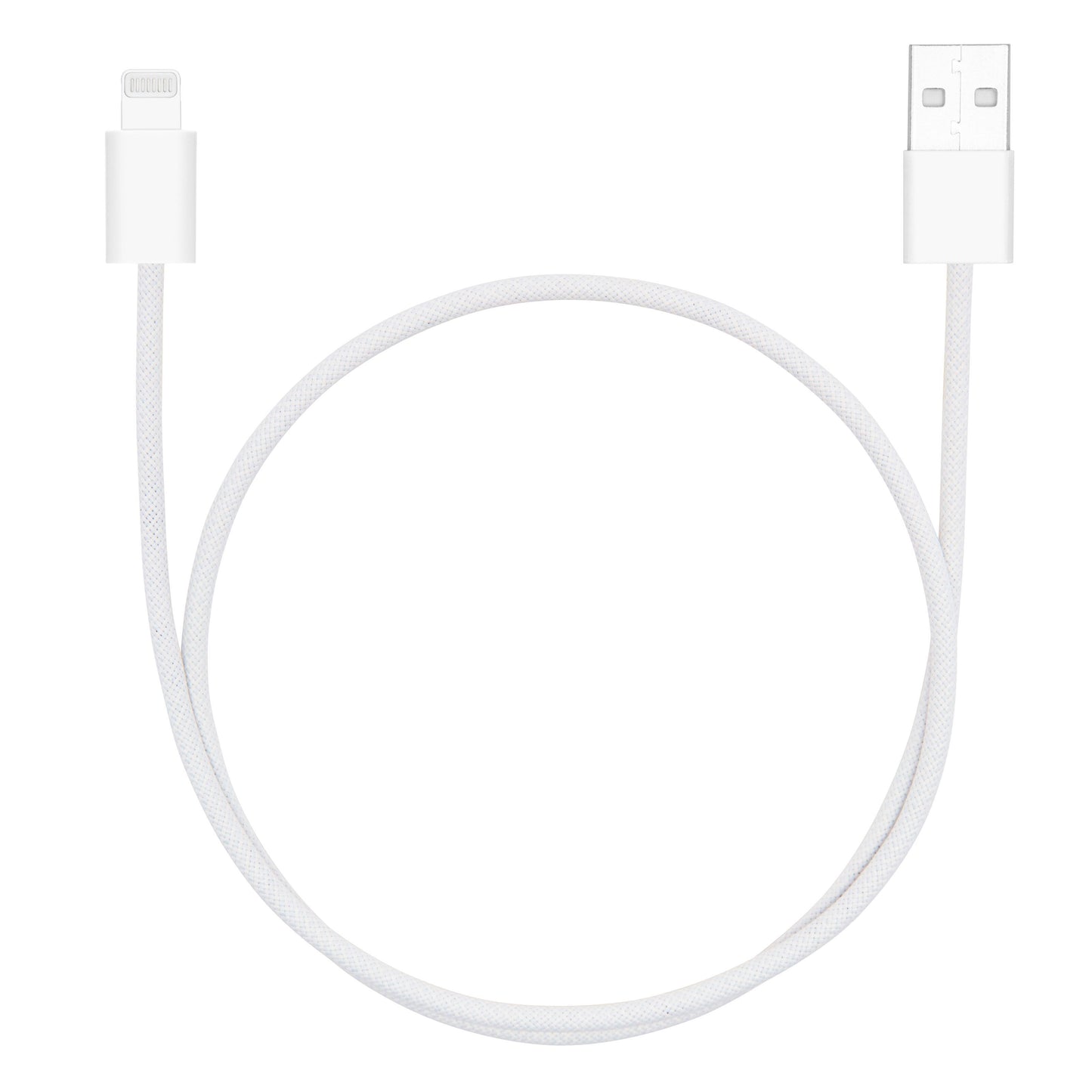 Flettet USB-A til Lightning-kabel 0,5 m hvid MFi-certificeret USB-stik til højre Lightning-stik til venstre.
