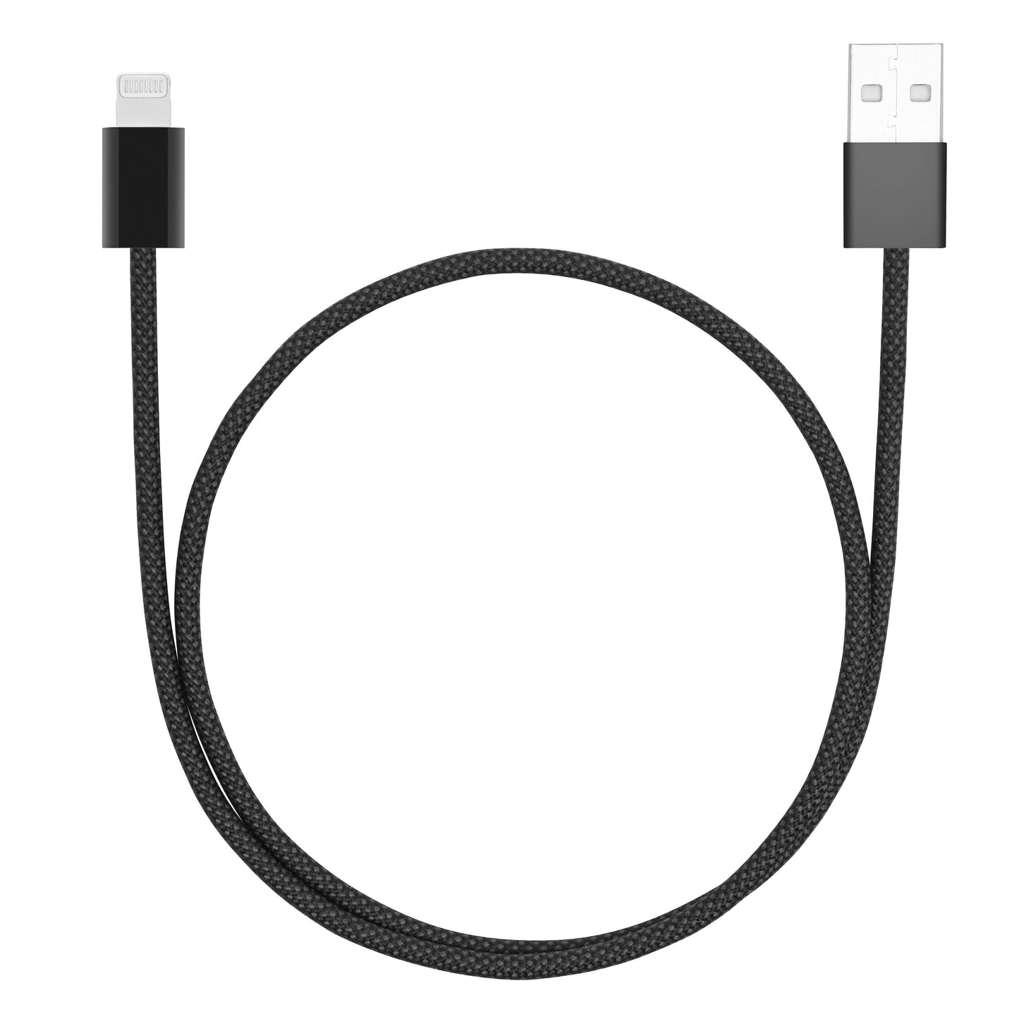 Flettet USB-A til Lightning-kabel 0,5 m sort med grå metalstik MFi-certificeret rullet sammen.