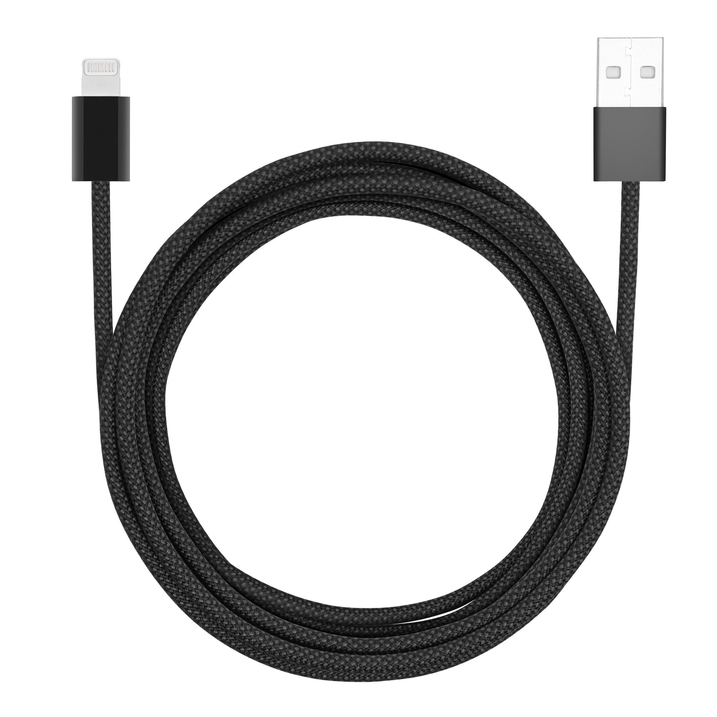 Flettet USB-A til Lightning-kabel 2m sort, MFi-certificeret, spiralformet kabel med USB-A og Lightning-stik.