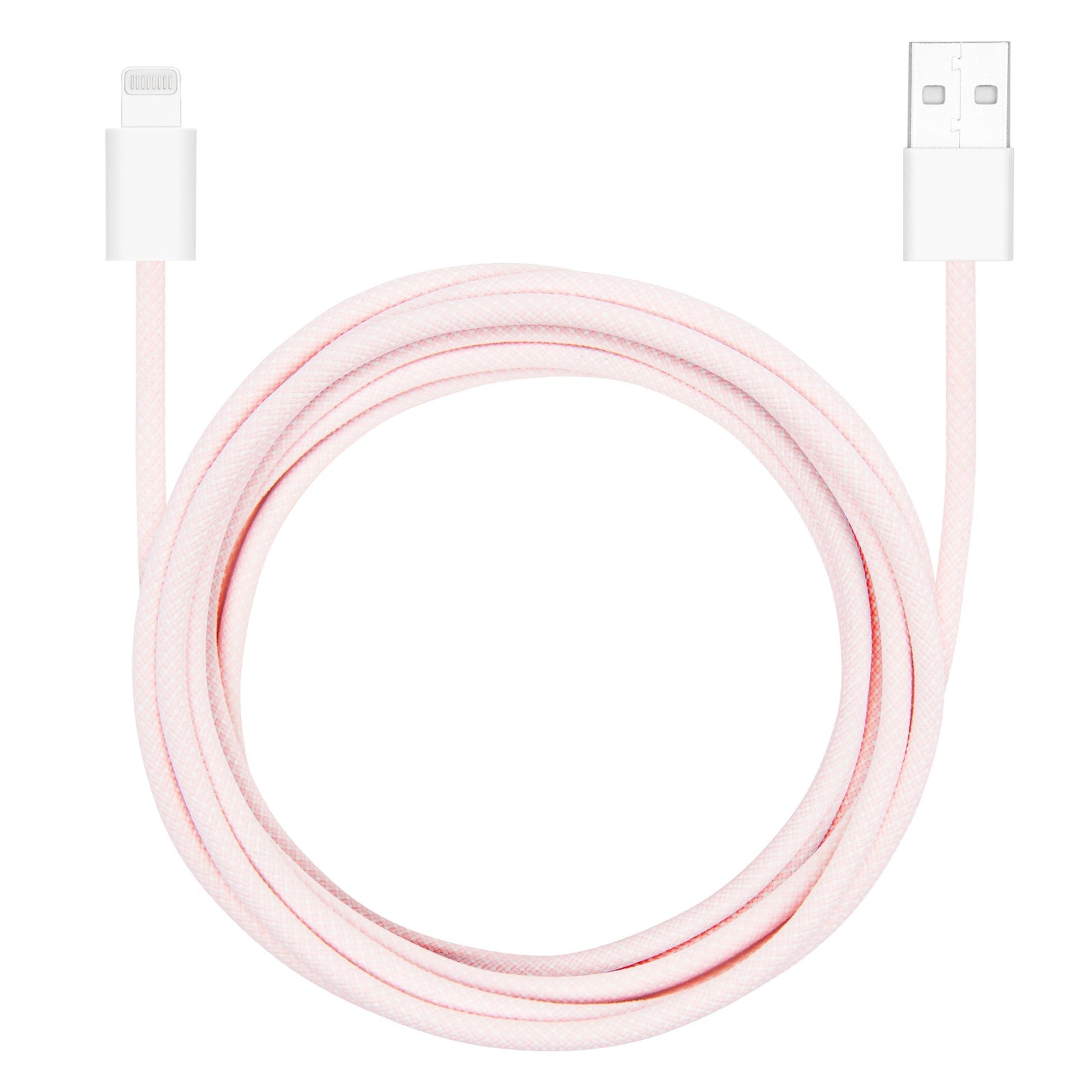 Flettet USB-A til Lightning-kabel, MFi-certificeret, lyserød, 2 m, samlet i cirkel.