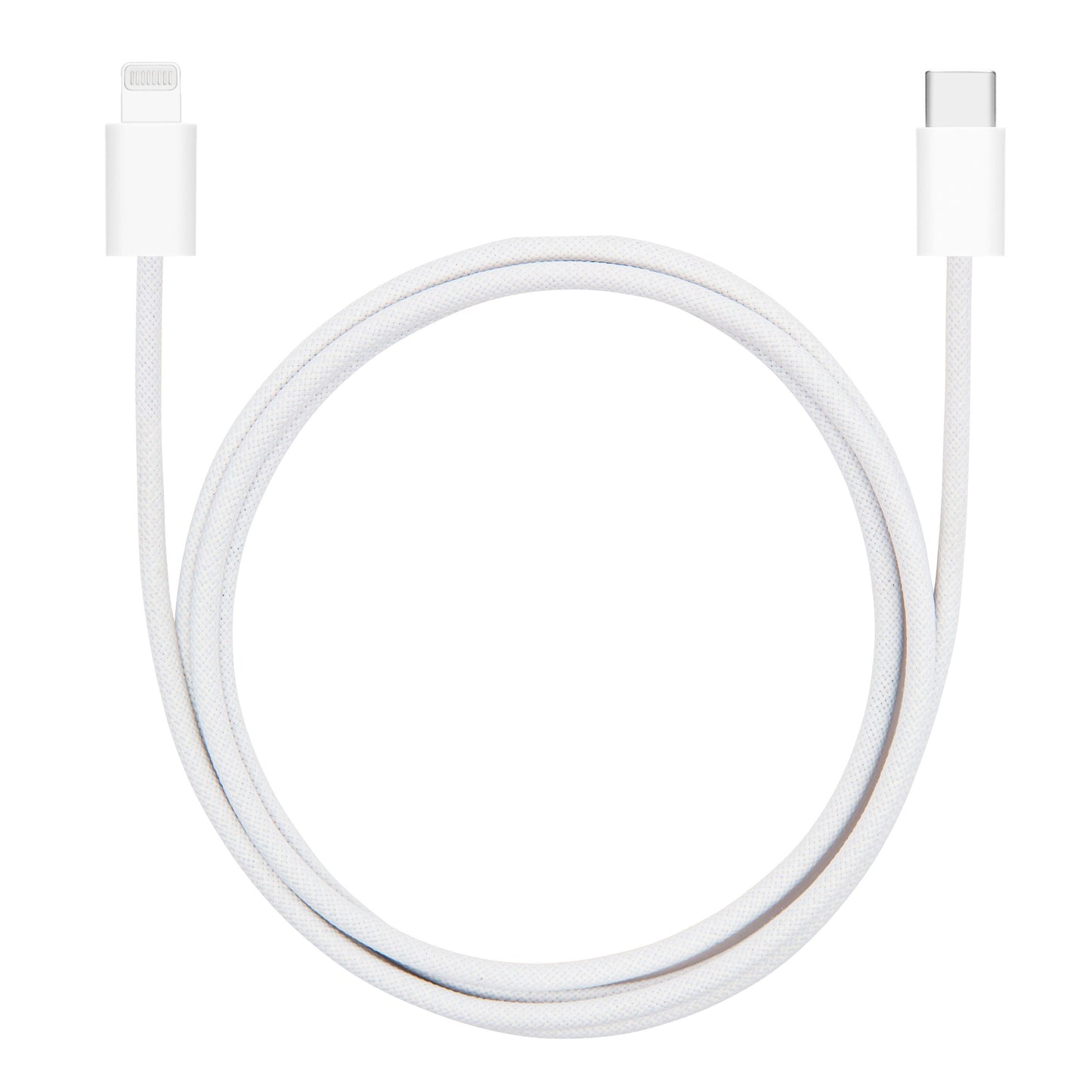 Linocell flettet USB-C til Lightning-kabel MFi hvid 1 m oprullet.