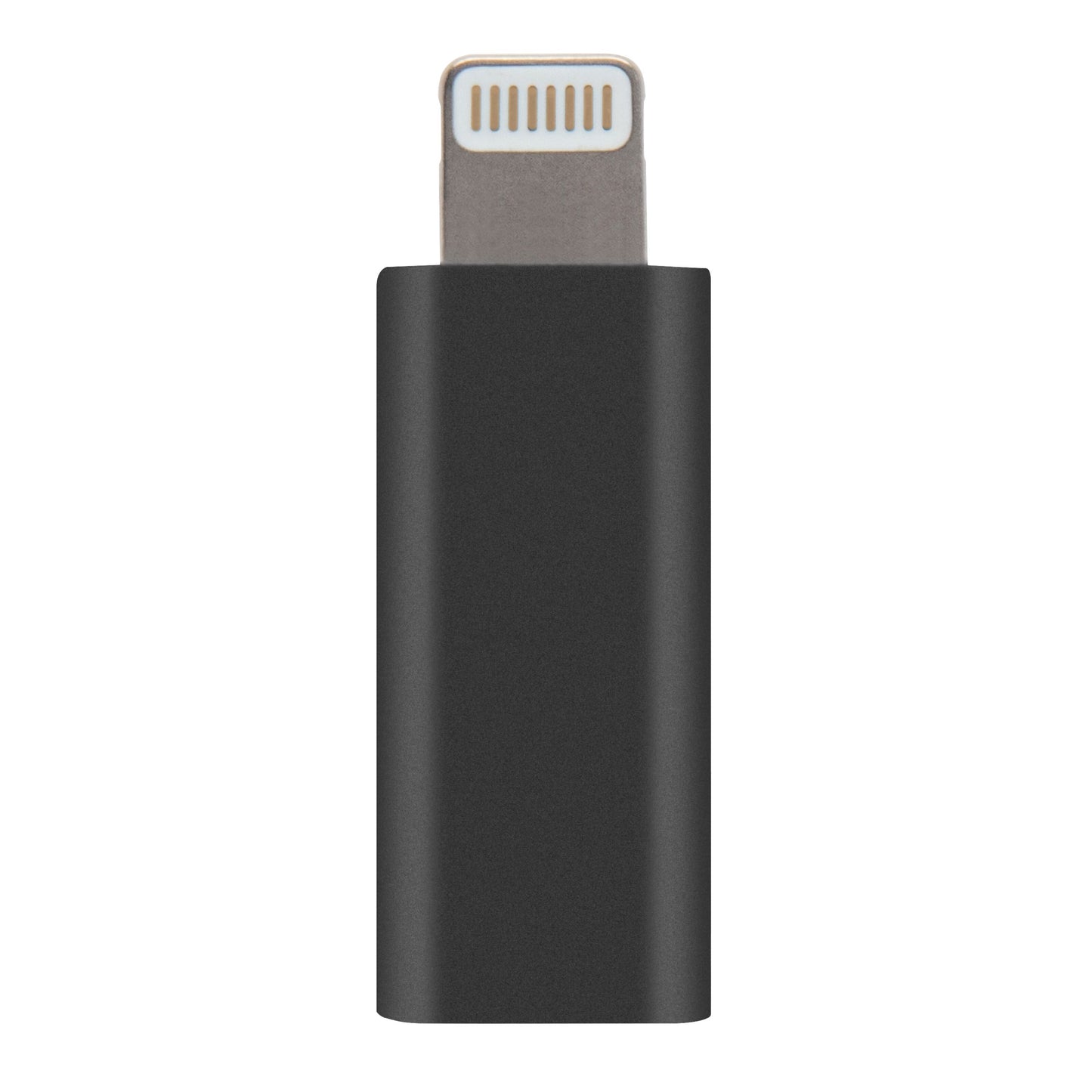 Linocell USB-C til Lightning-adapter, sort, MFi-certificeret, metallic stik, vises oprejst.