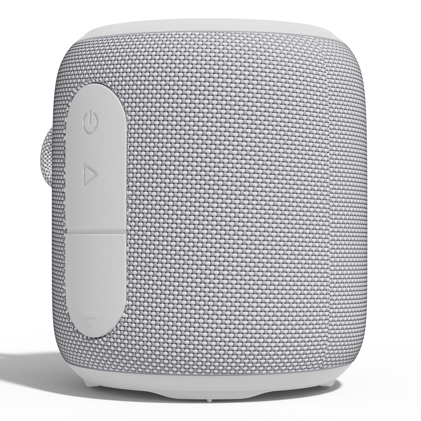 Nomadelic Loud 705 vandtæt Bluetooth-højttaler grå med vævet tekstur og prægede strøm- og lydstyrkeknapper.