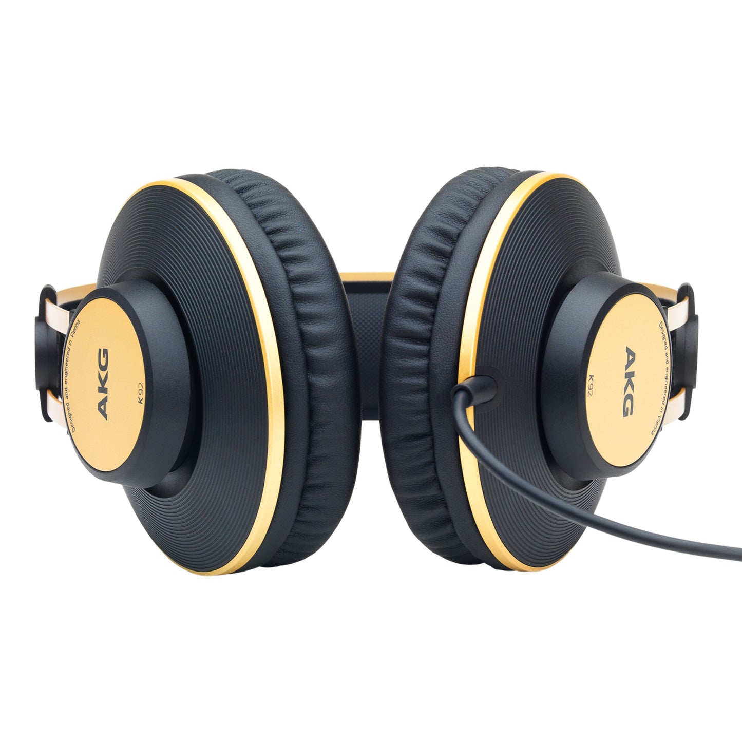 AKG K92 hovedtelefoner sort/guld, frontvisning, polstret hovedbøjle, ørekopper, ledning udgang venstre side.