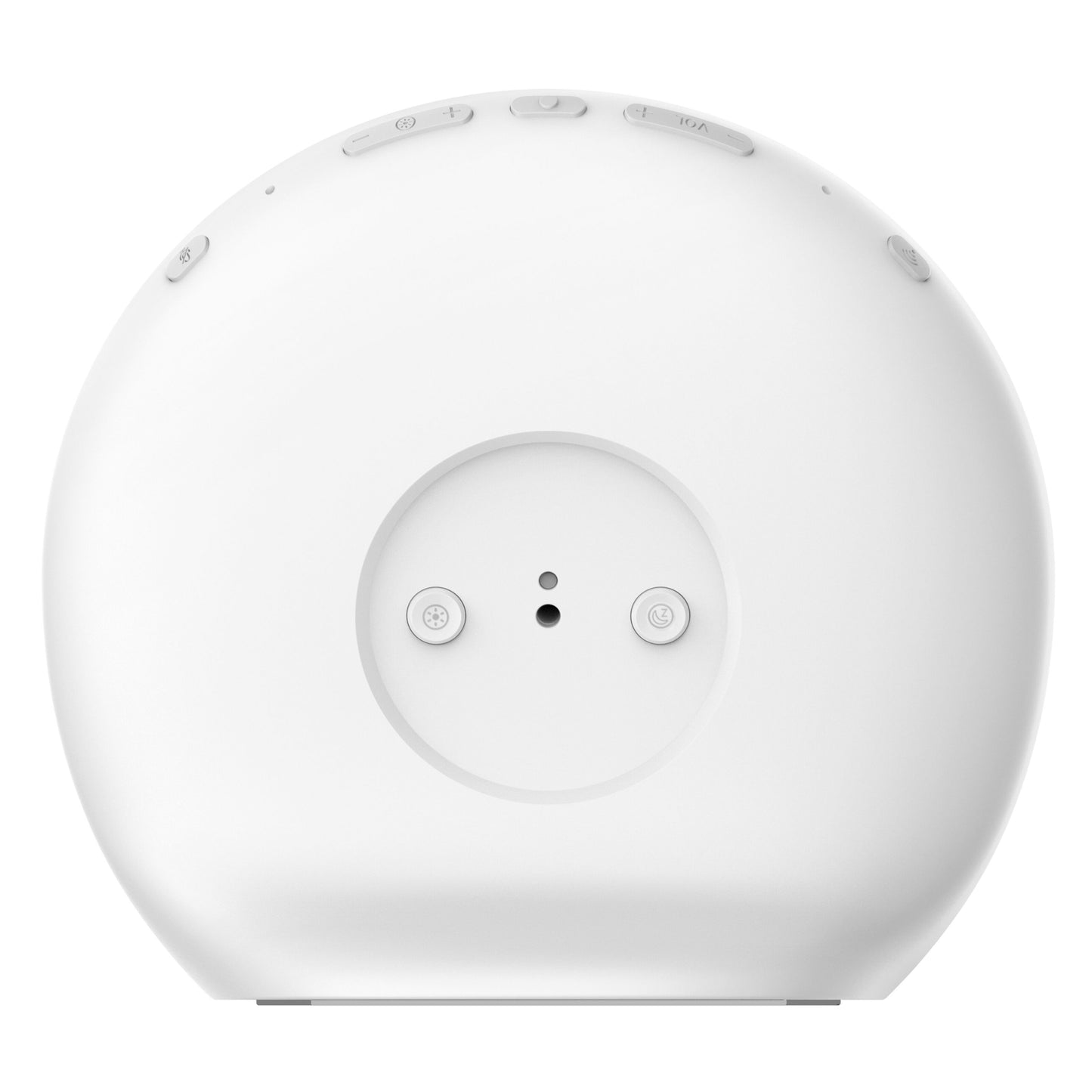 Wiim Vækkeur med wake-up light, hvid, rund, flere topknapper, rund fordybning med to små knapper og centerhul.